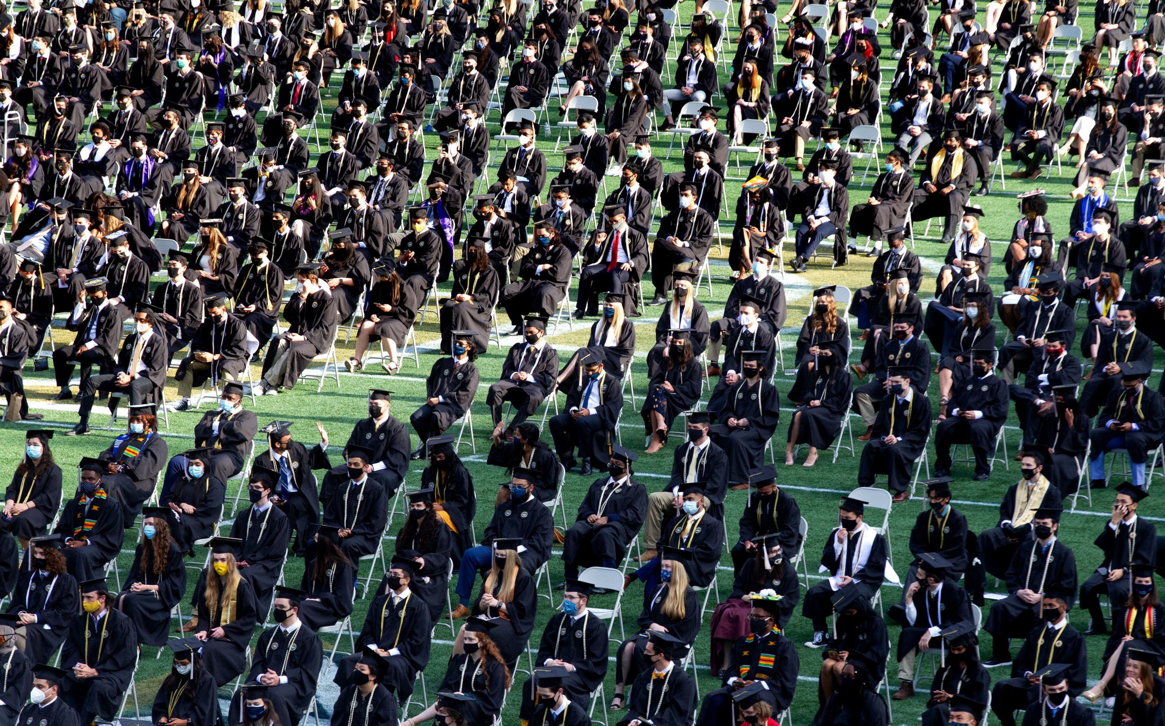 Graduates fill Bobby Dodd Stadium during the Georgia Tech 2021 commencement ceremony on Saturday, May 8, 2021. Two ceremonies were held Saturday for bachelor’s degree recipients, and master's and doctoral graduates' ceremonies were held Friday. (Photo: Steve Schaefer for The Atlanta Journal-Constitution)