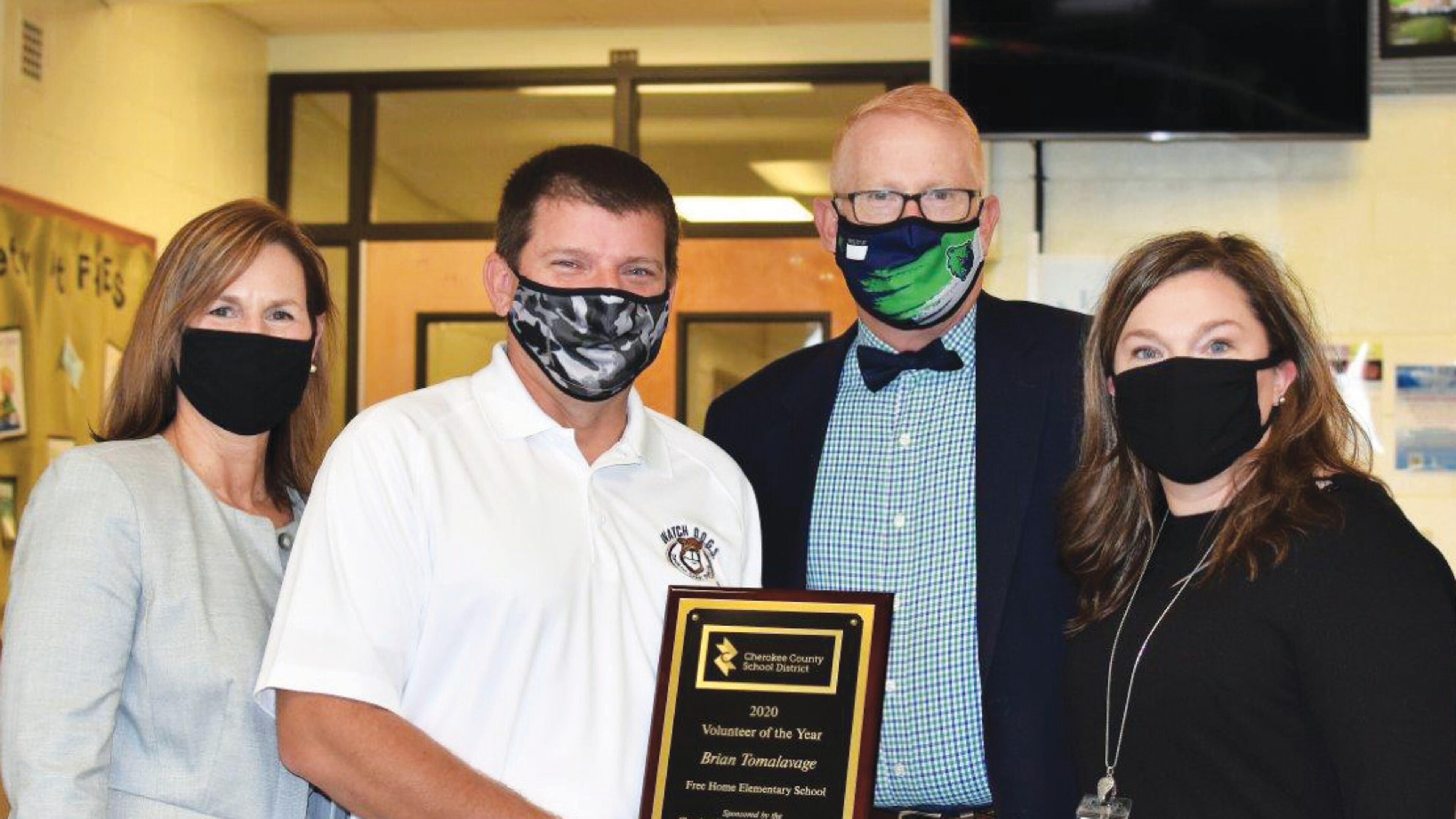 Brian Tomalavage, the Free Home Elementary School Volunteer of the Year, is the Cherokee County School District 2020 Volunteer of the Year are, from left to right, former Free Home ES Principal Kim Hagood, who nominated him for the award and now is Principal at Carmel ES; Mr. Tomalavage; Superintendent of Schools Dr. Brian V. Hightower; and Free Home ES Principal Julie Peppers.