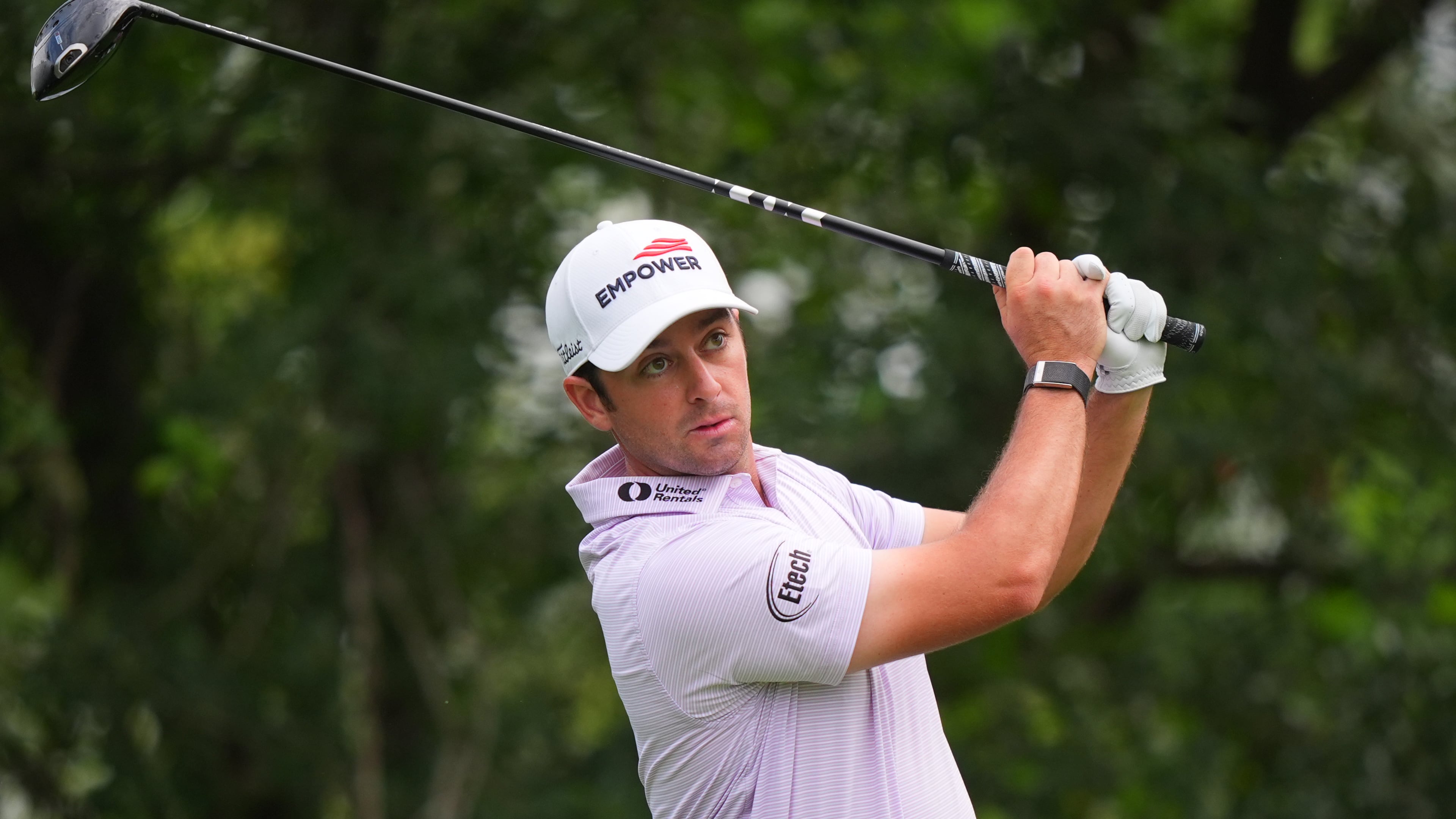 FILE - Davis Riley watches his tee shot on the ninth hole during the first round of the Charles Schwab Challenge golf tournament at Colonial Country Club in Fort Worth, Texas, Thursday, May 28, 2026. (AP Photo/LM Otero,File)