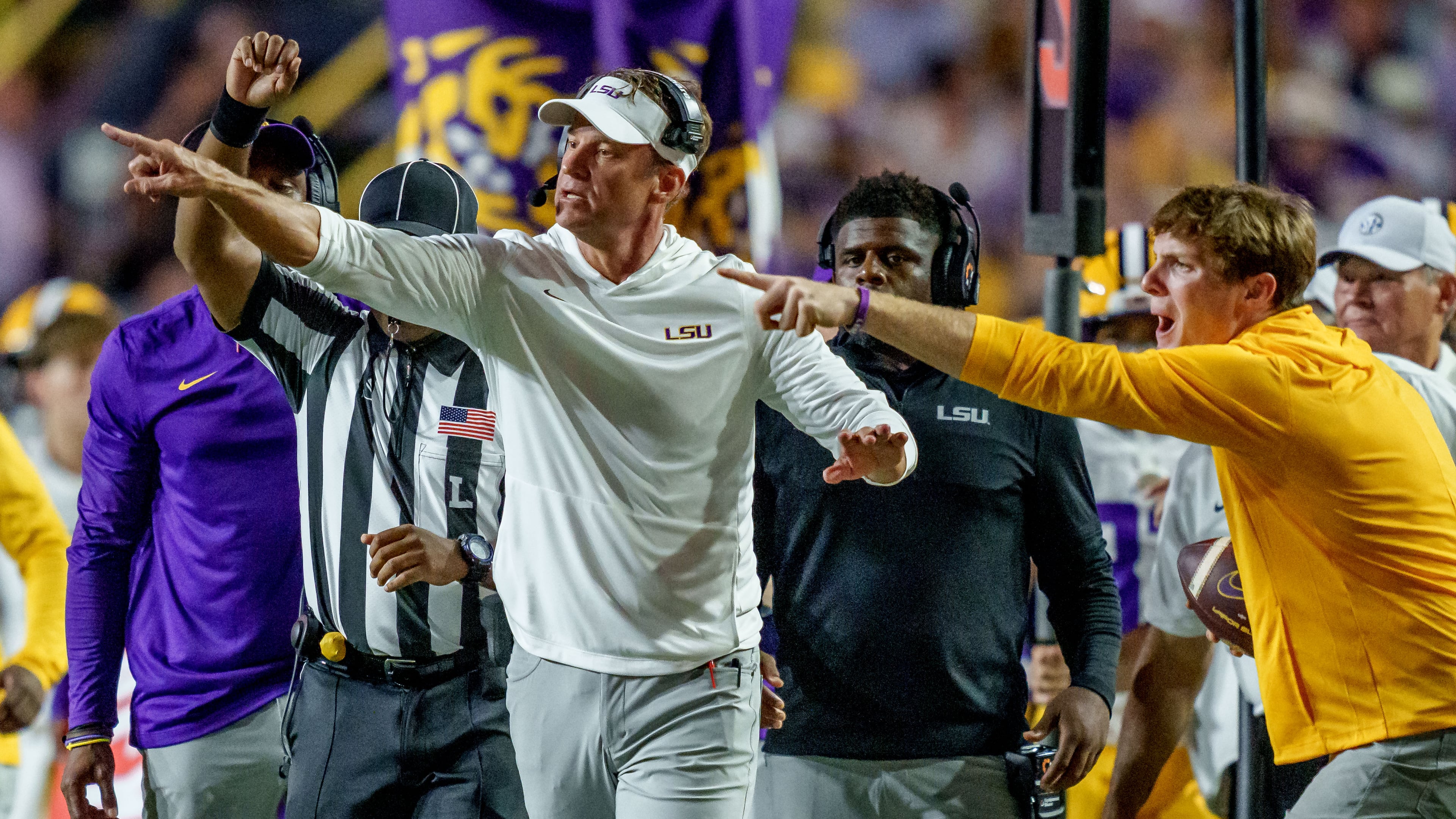 LSU head coach Lane Kiffin reacts during an NCAA college football game in Baton Rouge, La., Saturday, Sept. 5, 2026. (Matthew Hinton/AP)