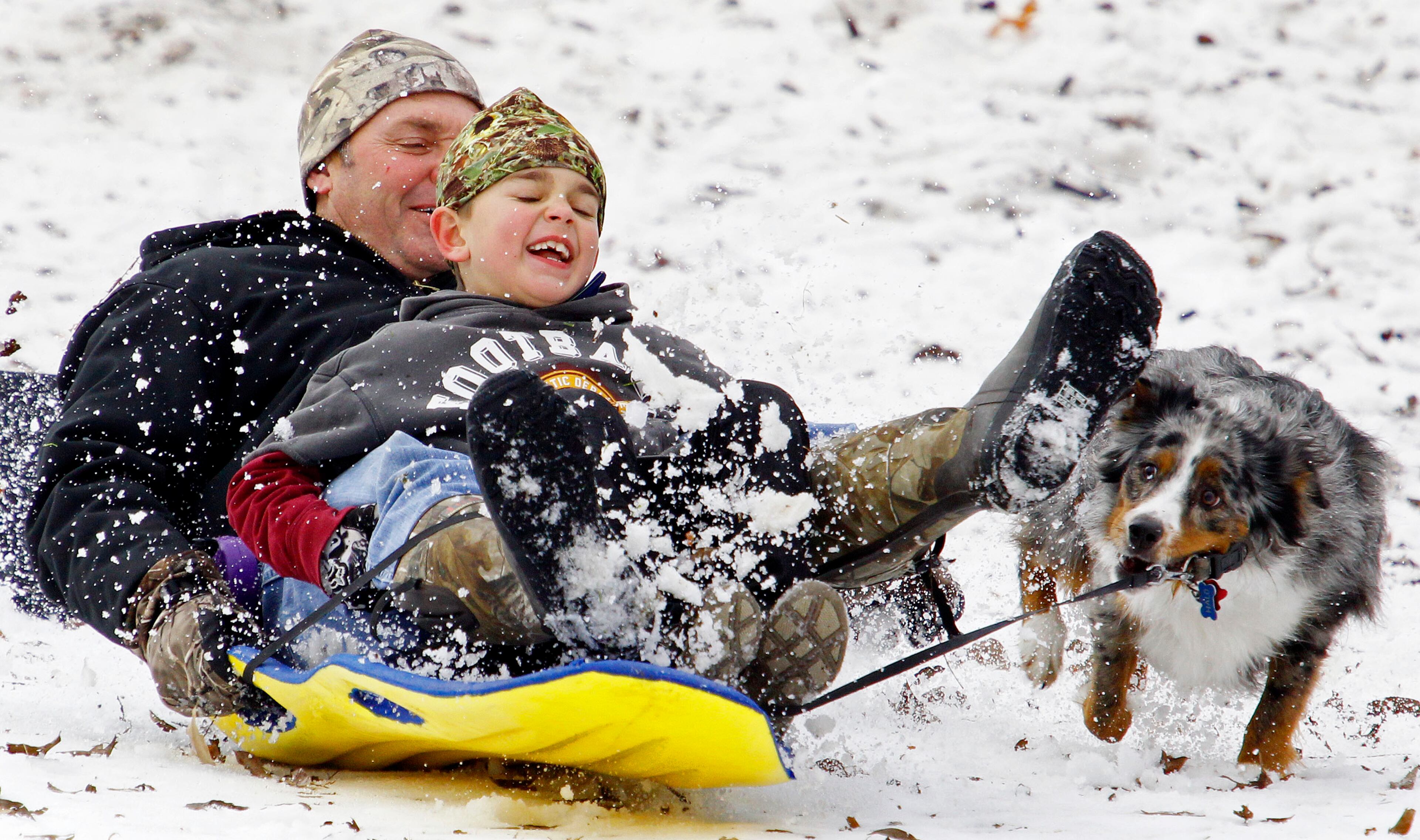 "Halo" runs along as his owners Landon Stallings and son Jack (age 8) get air off of a ramp in Foster Park south of TCU. Cold and ice remained in Fort Worth, Texas, Sunday, Dec. 8, 2013.