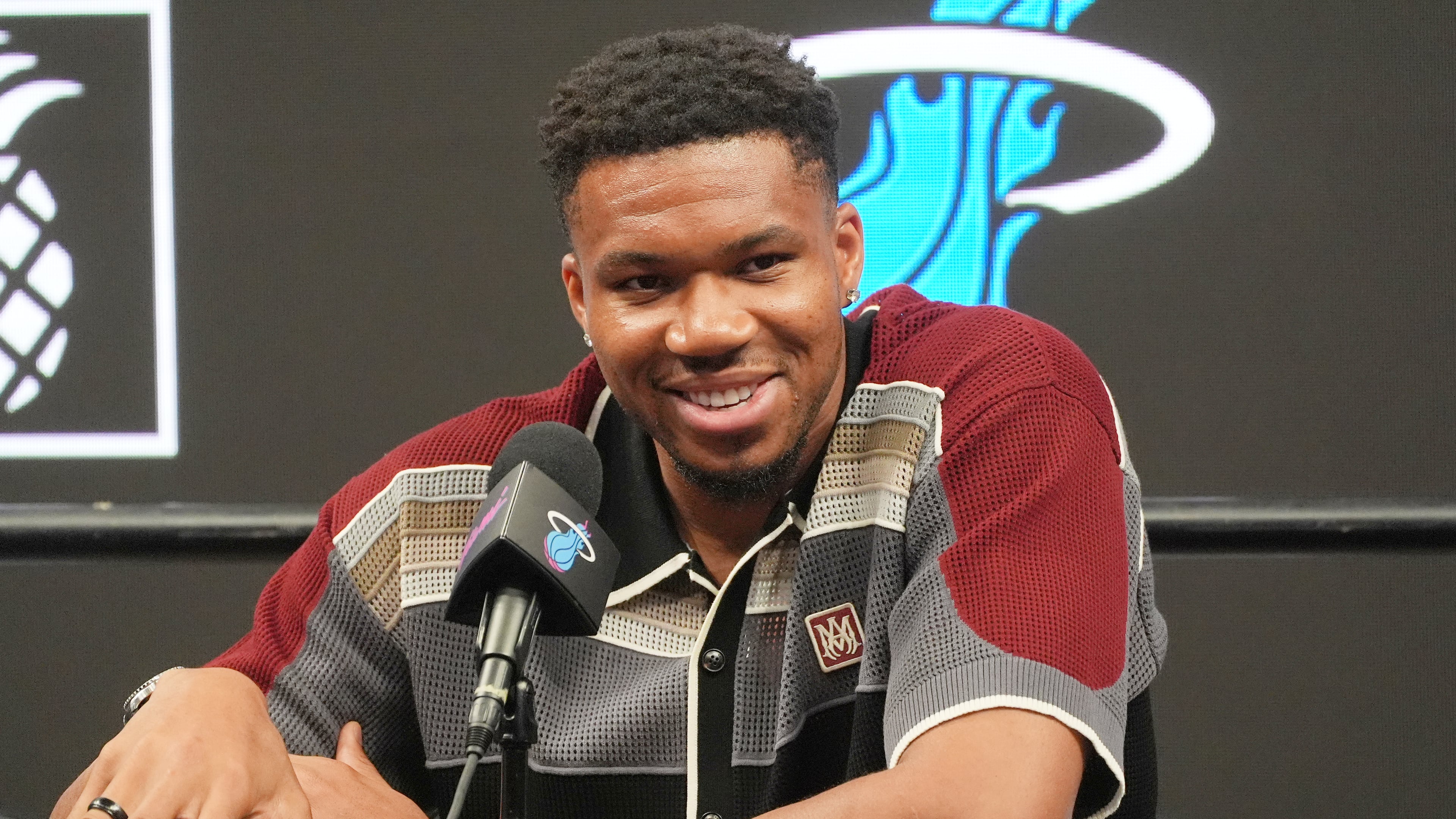 FILE - Giannis Antetokounmpo speaks during a news conference where he is introduced as a new member of the Miami Heat team Thursday, July 16, 2026, in Miami. (AP Photo/Marta Lavandier, file)