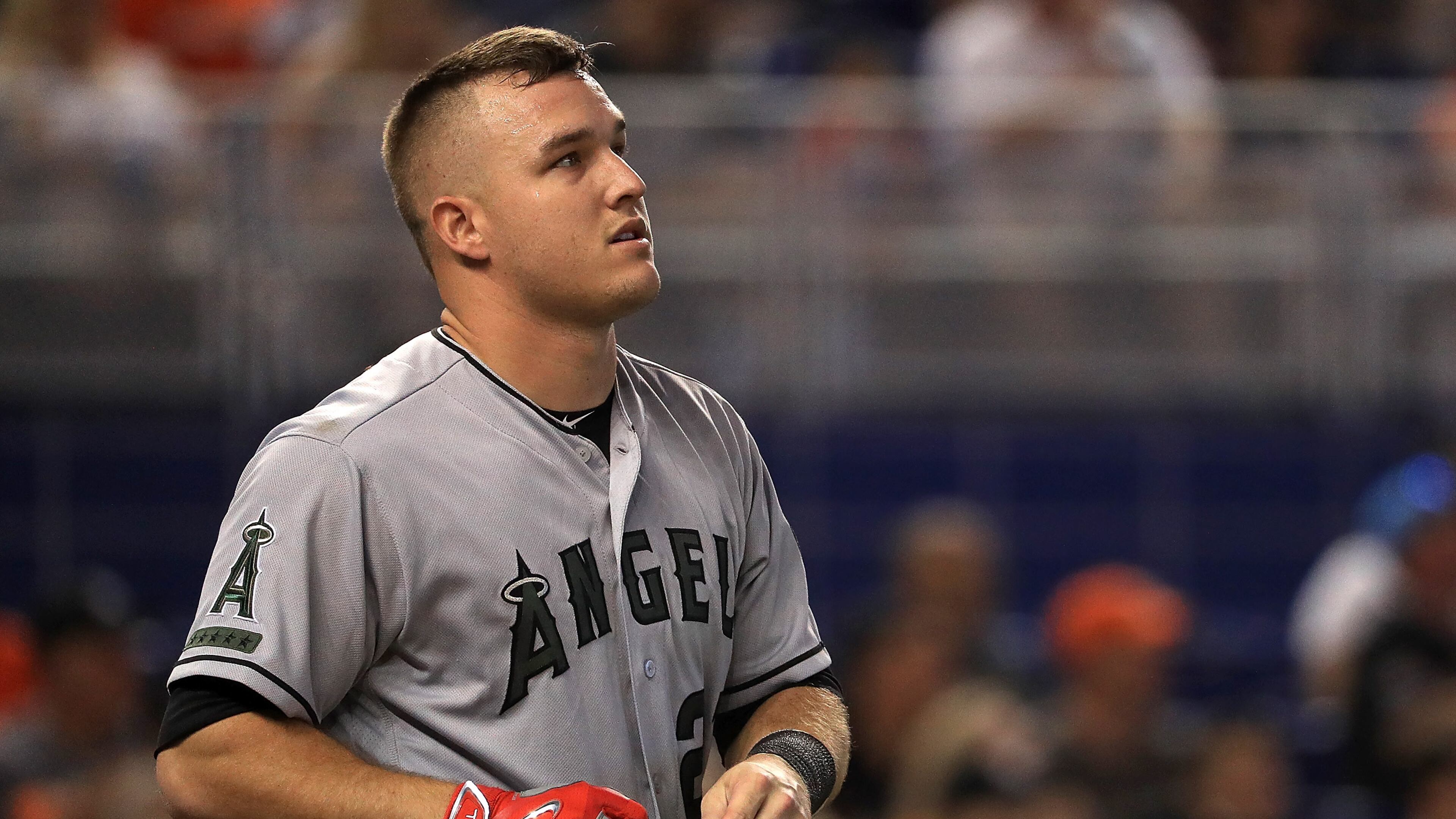 Mike Trout #27 of the Los Angeles Angels looks on during a game against the Miami Marlins at Marlins Park on May 28, 2017 in Miami, Florida. (Photo by Mike Ehrmann/Getty Images)
