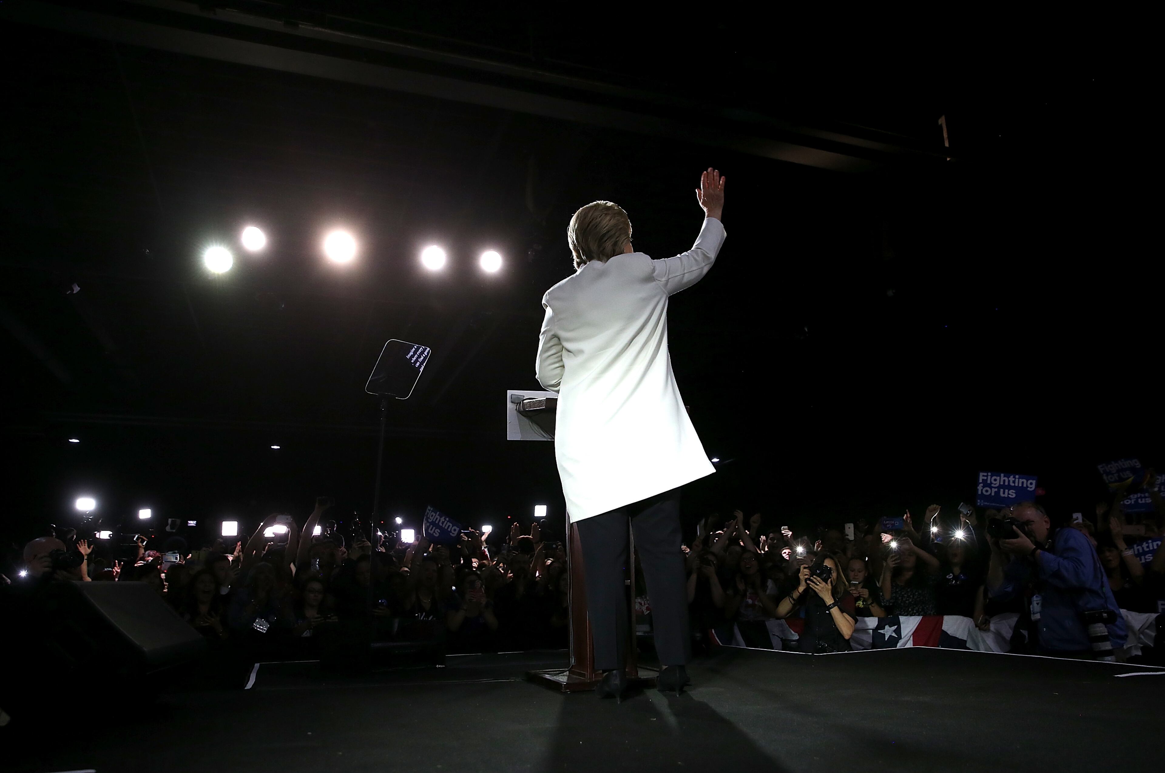 Democratic presidential candidate former Secretary of State Hillary Clinton speaks during her Super Tuesday evening gathering Stage One Ice Studios on March 1, 2016 in Miami, Florida. (Photo by Justin Sullivan/Getty Images)