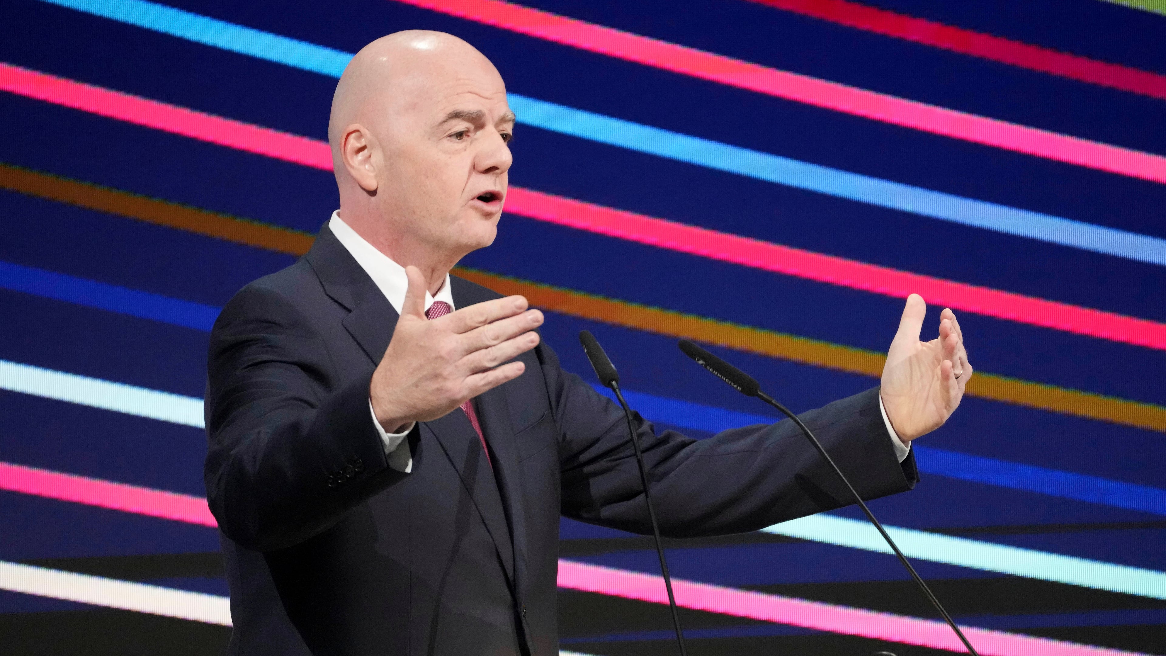 FILE - FIFA president Gianni Infantino speaks to delegates at the 49th ordinary UEFA congress in Belgrade, Serbia, April 3, 2025. (AP Photo/Darko Vojinovic, file)