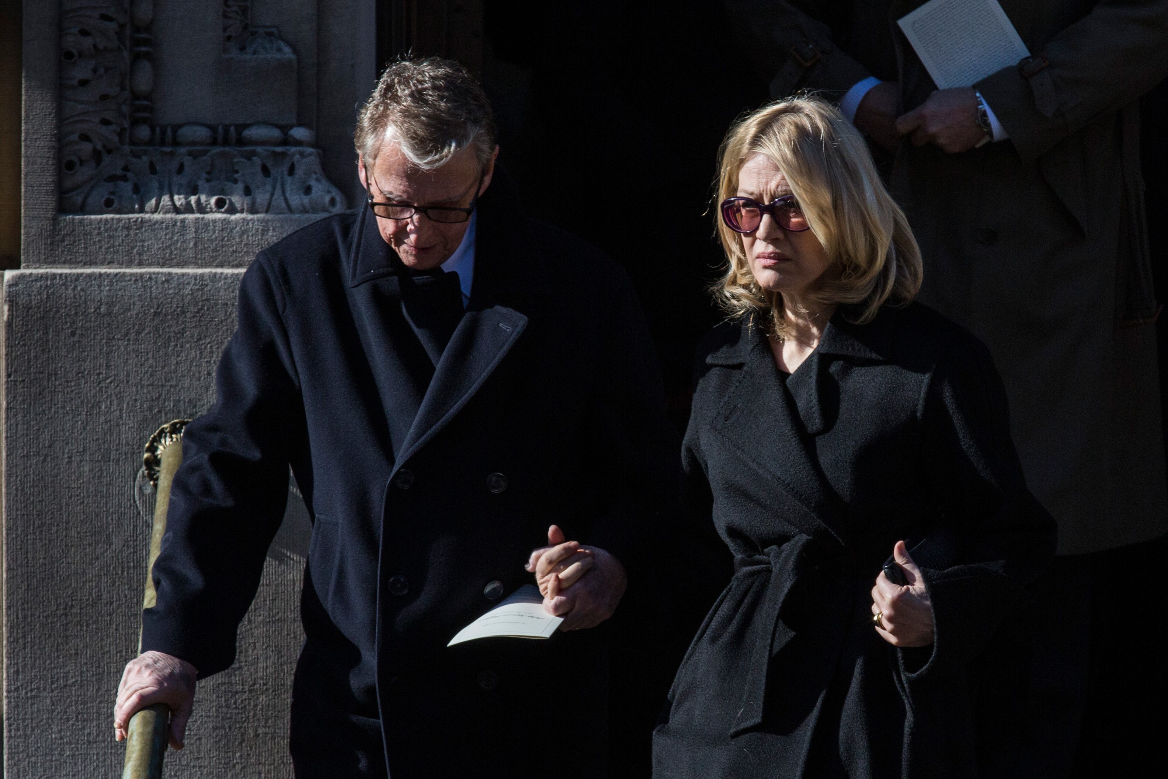 Mike Nichols (L) and Diane Sawyer attend the funeral service for actor Philip Seymour Hoffman who died of an alleged drug overdose on February 1, 2014 at St. Ignatius Of Loyola on February 7, 2014 in New York City. (Photo by Andrew Burton/Getty Images)