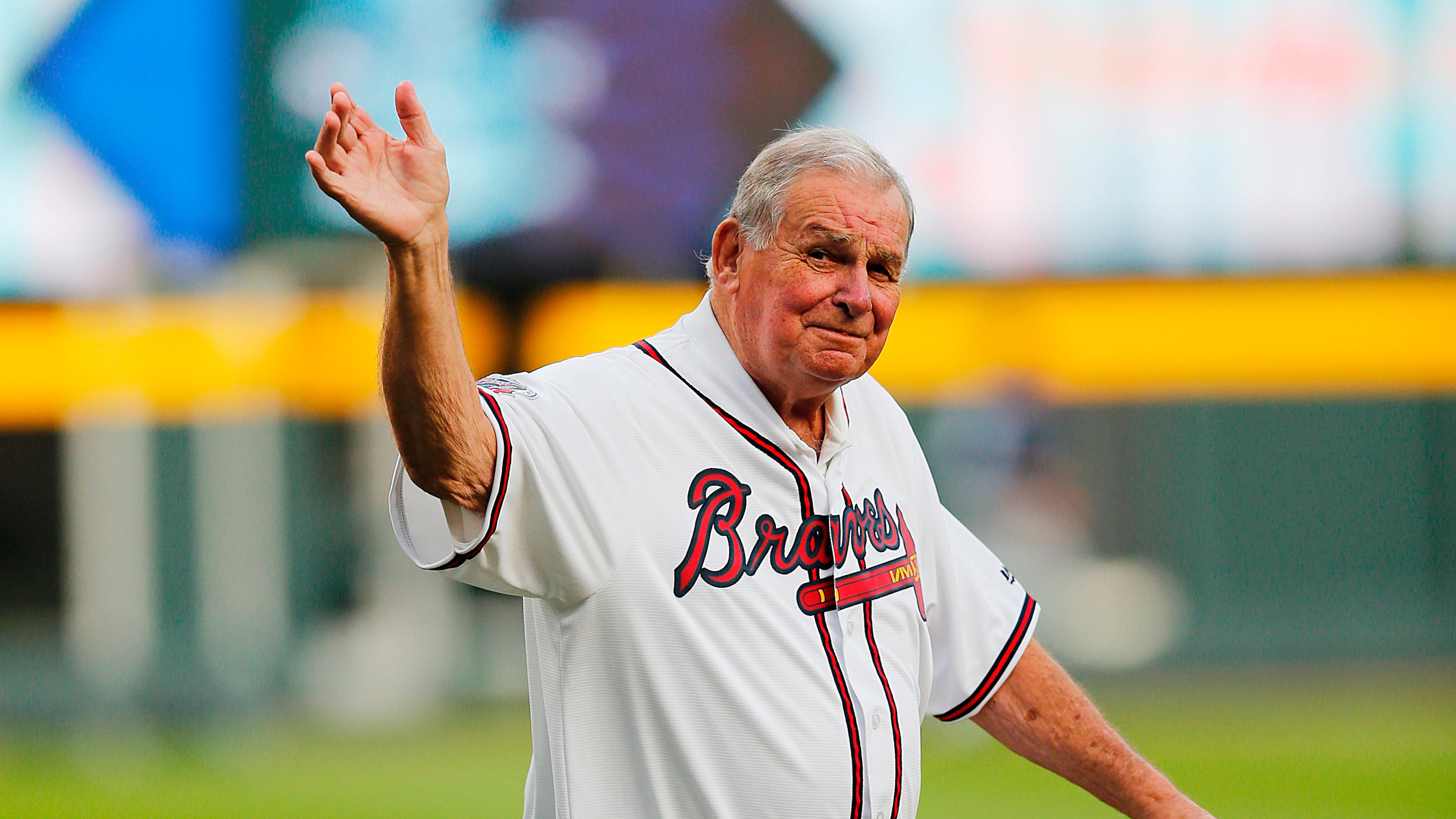 FILE - Former Atlanta Braves manager Bobby Cox is honored during a ceremony before a baseball game between the Braves and the San Diego Padres in Atlanta, April 14, 2017. (AP Photo/John Bazemore, File)