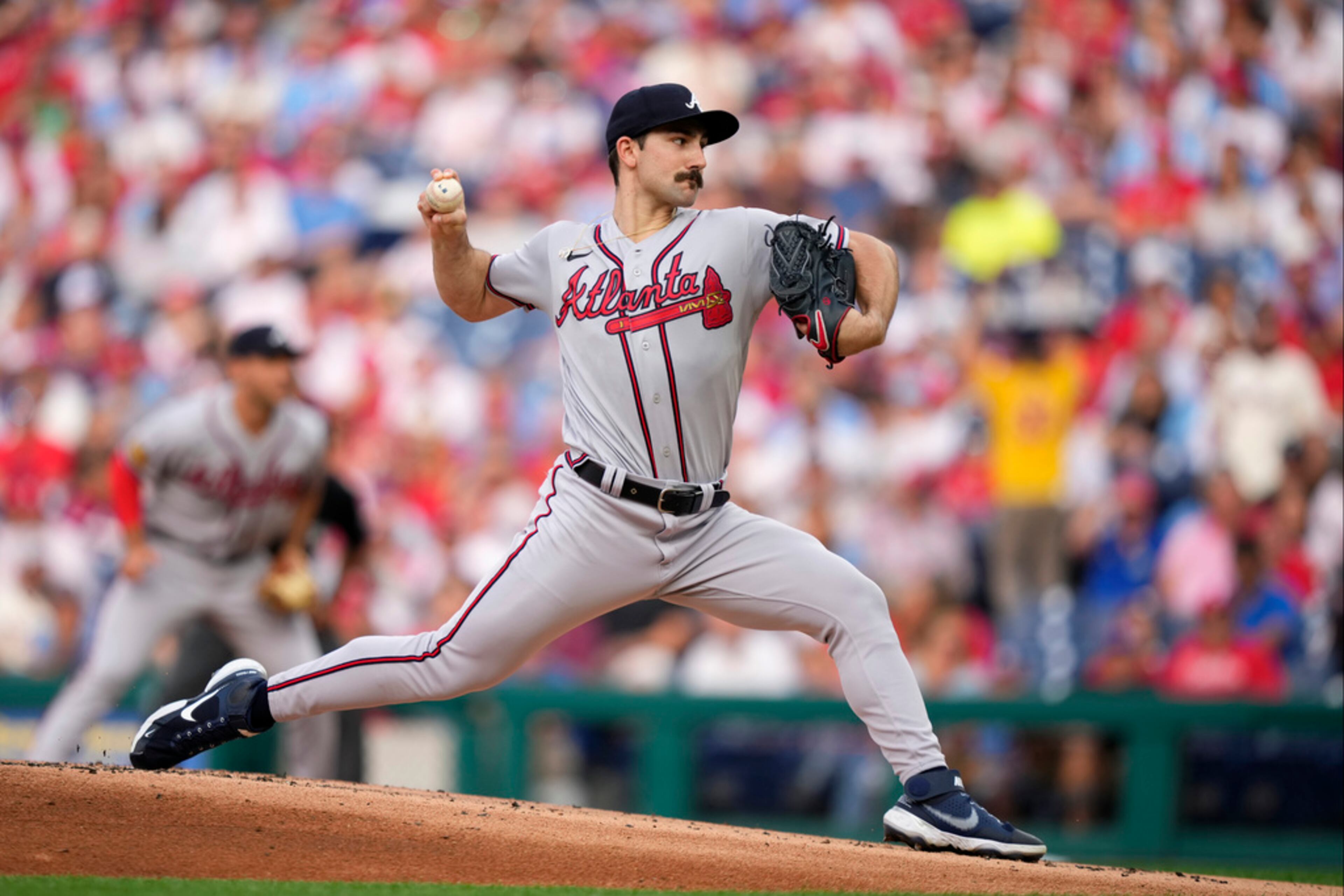 Atlanta Braves' Spencer Strider pitches during the first inning of a baseball game against the Philadelphia Phillies, Tuesday, June 20, 2023, in Philadelphia. (AP Photo/Matt Slocum)