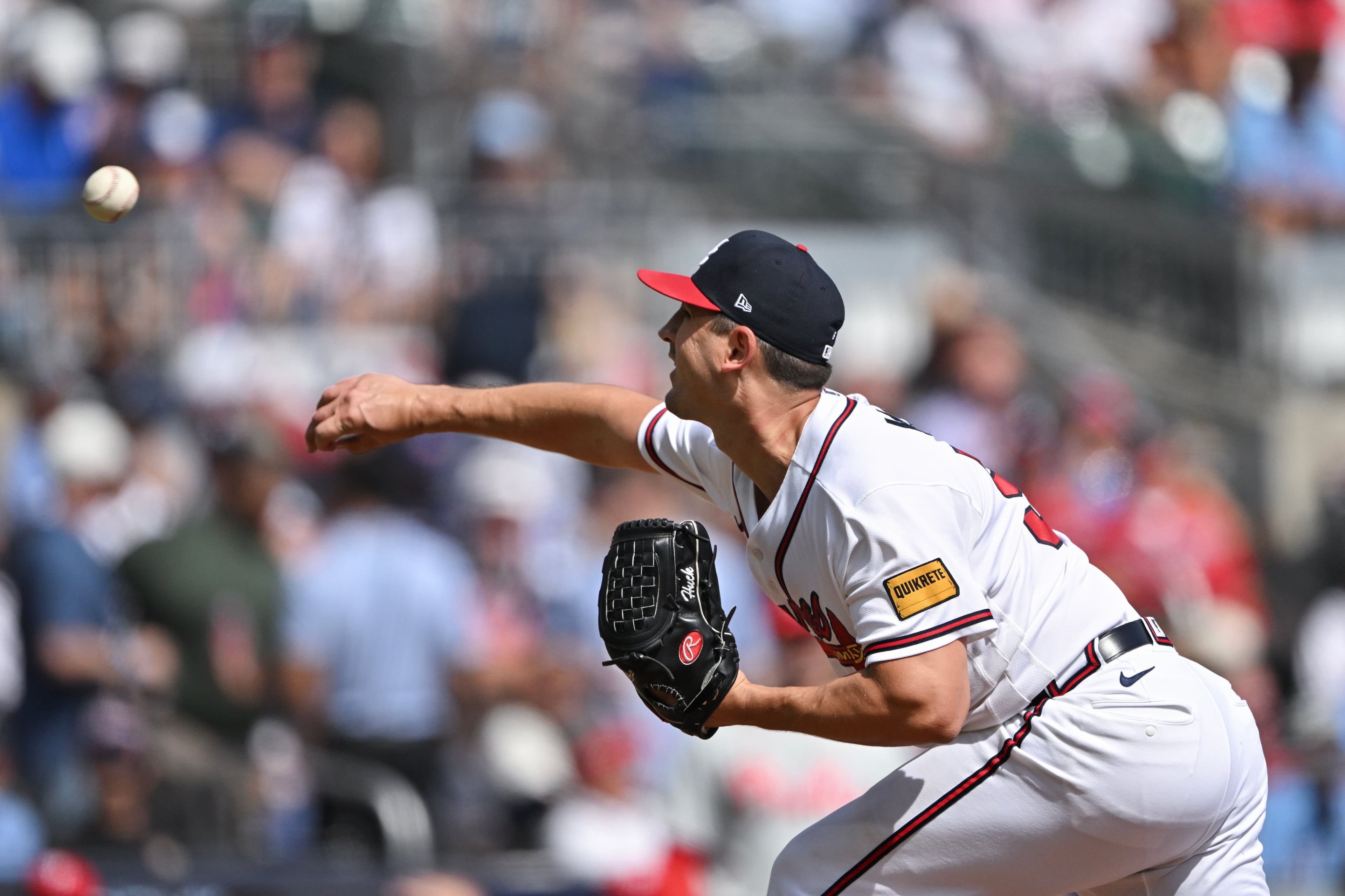 Braves pitcher Tyler Mahle delivers to a Phillies batter during Game 2 of their NL Wild Card Series on Wednesday, Sept. 30, 2026, in Atlanta. (Hyosub Shin/AJC)