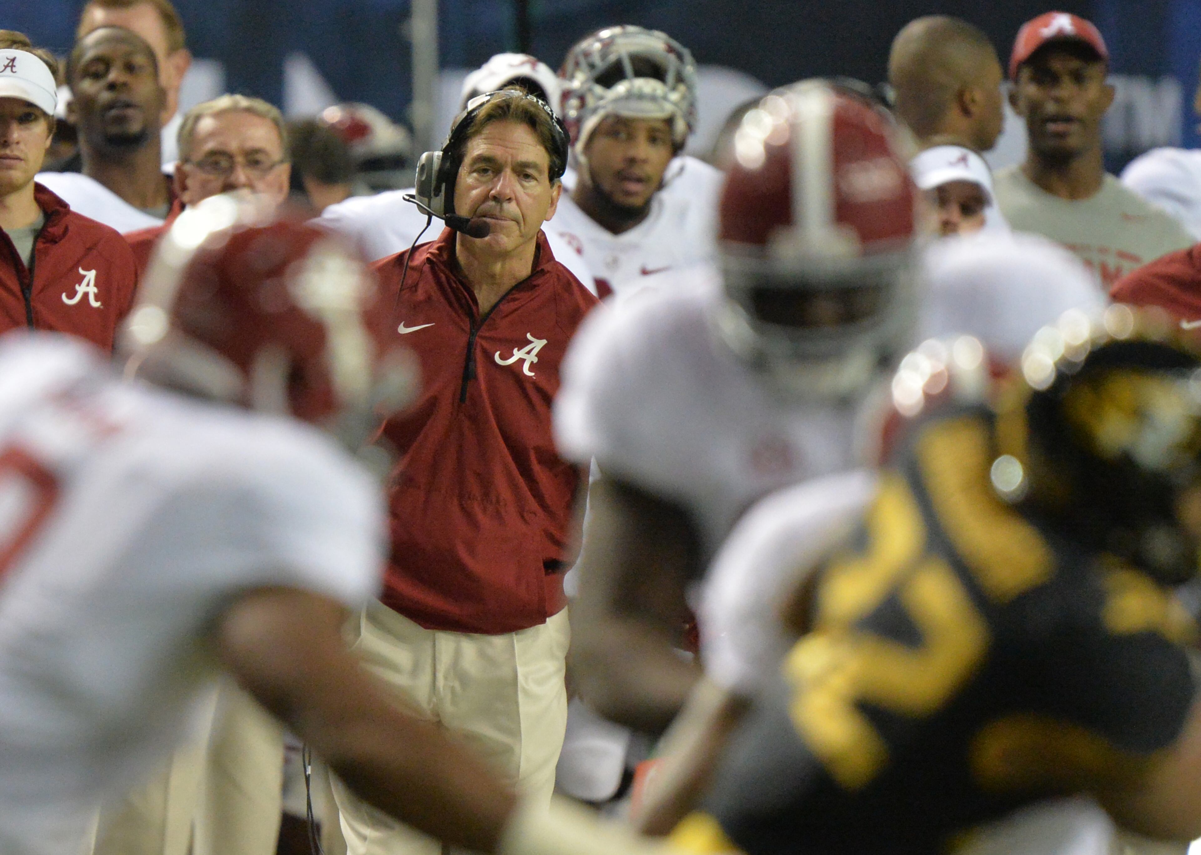 December 6, 2014 Atlanta:Alabama head coach Nick Saban watches 4th quarter action against Missouri in the 2014 SEC Championship at the Georgia Dome Saturday December 6, 2014. BRANT SANDERLIN / BSANDERLIN@AJC.COM