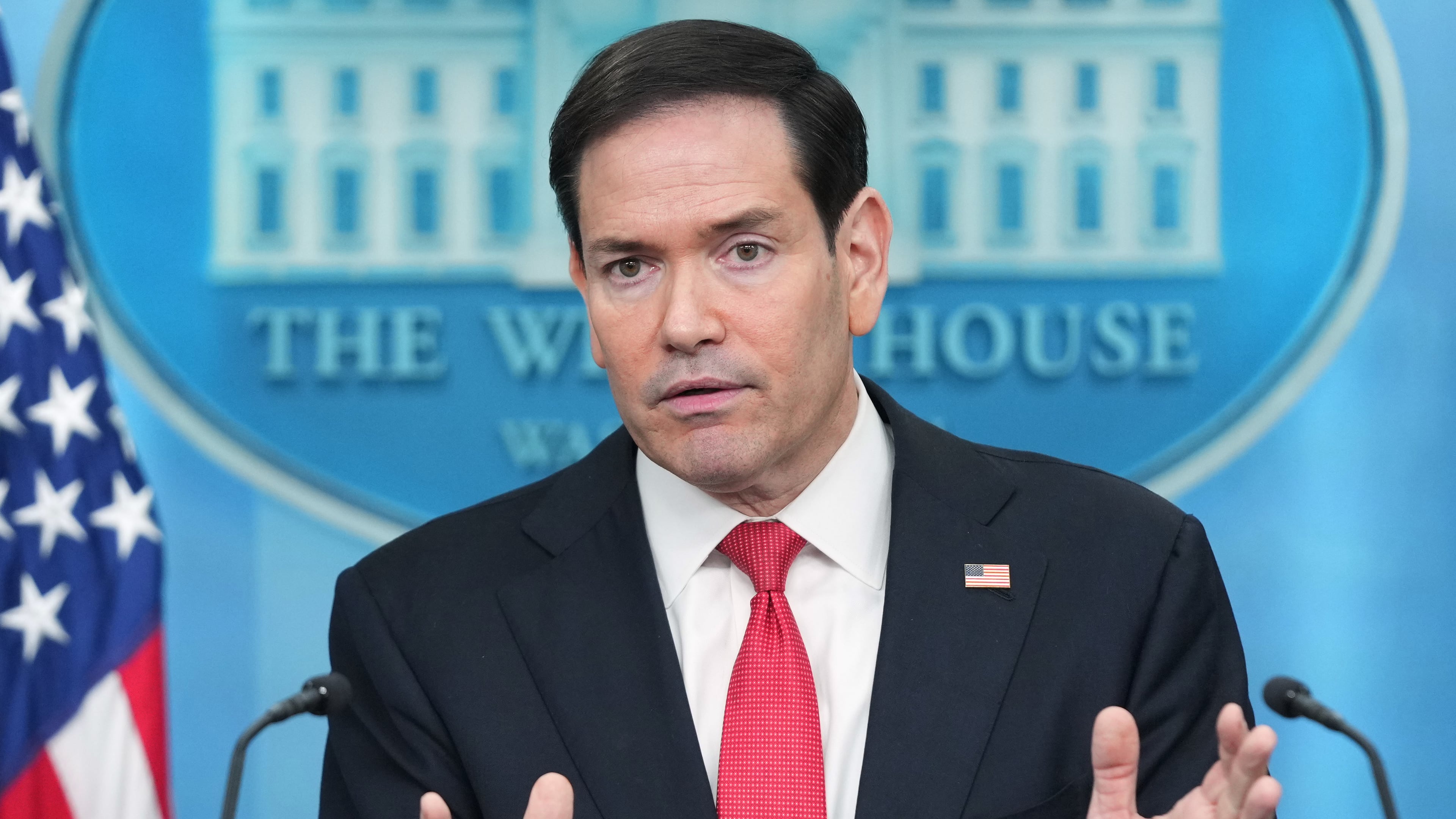 Secretary of State Marco Rubio speaks during a press briefing in the James Brady Press Briefing Room at the White House in Washington, Tuesday, May 5, 2026. (AP Photo/Mark Schiefelbein)