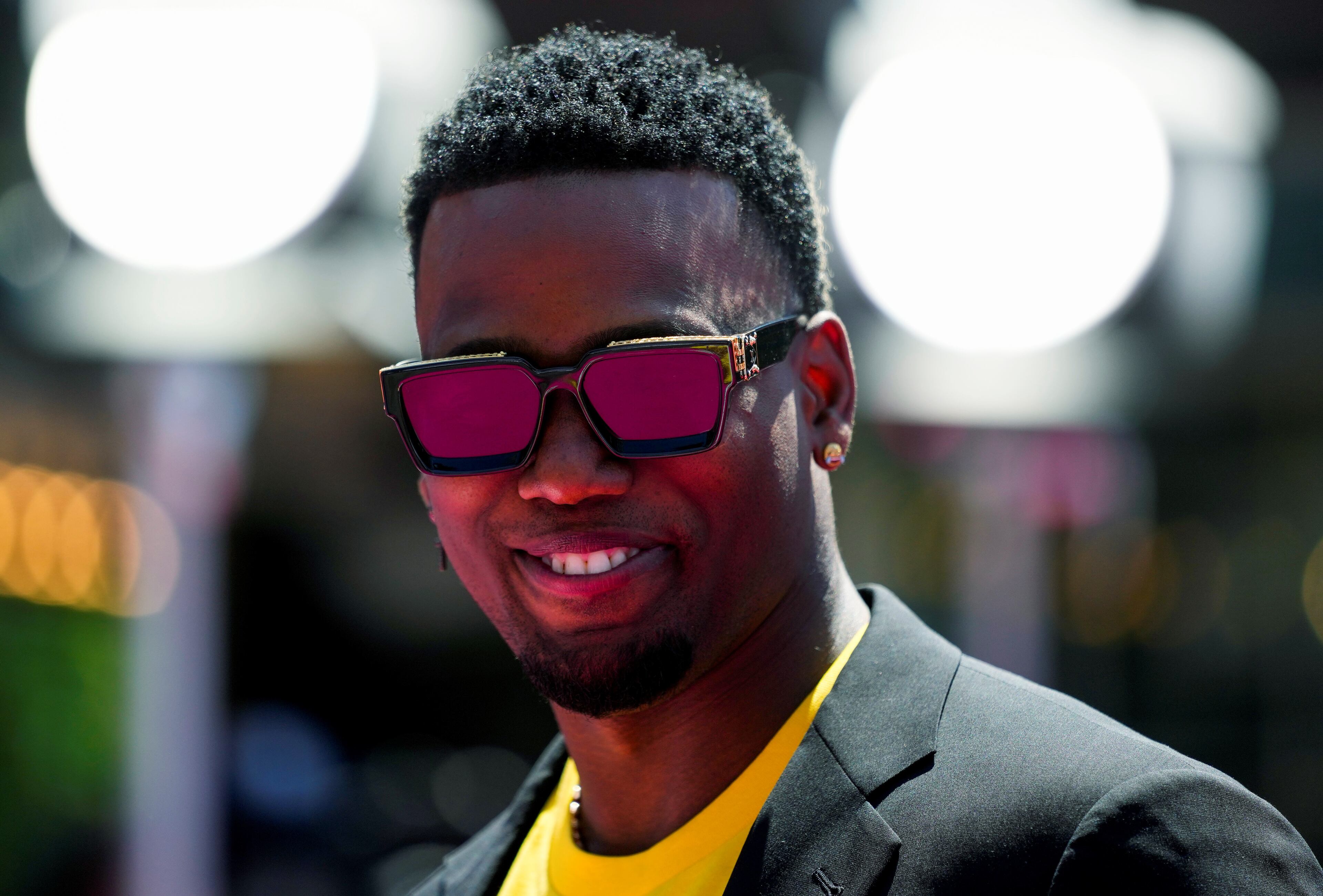 Jorge Soler, the Braves' 2021 World Series hero now with the Marlins, appears during the baseball All-Star Game red carpet show Tuesday, July 11, 2023, in Seattle. (AP Photo/Lindsey Wasson)
