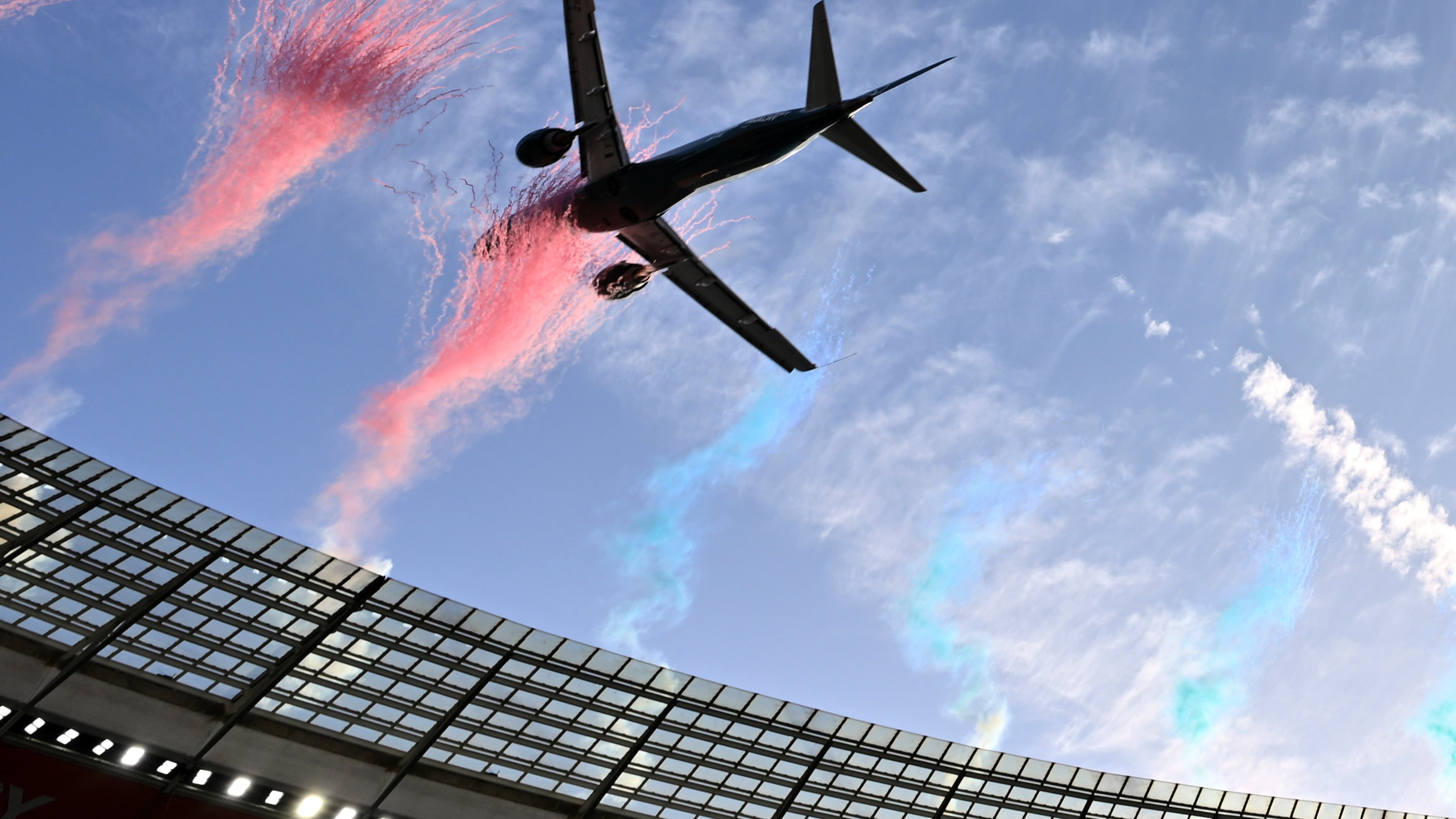 A jetliner flies over the stadium ahead of a second Test rugby match between South Africa and New Zealand, in Cape Town, South Africa, Saturday, Aug. 29, 2026. (AP Photo)