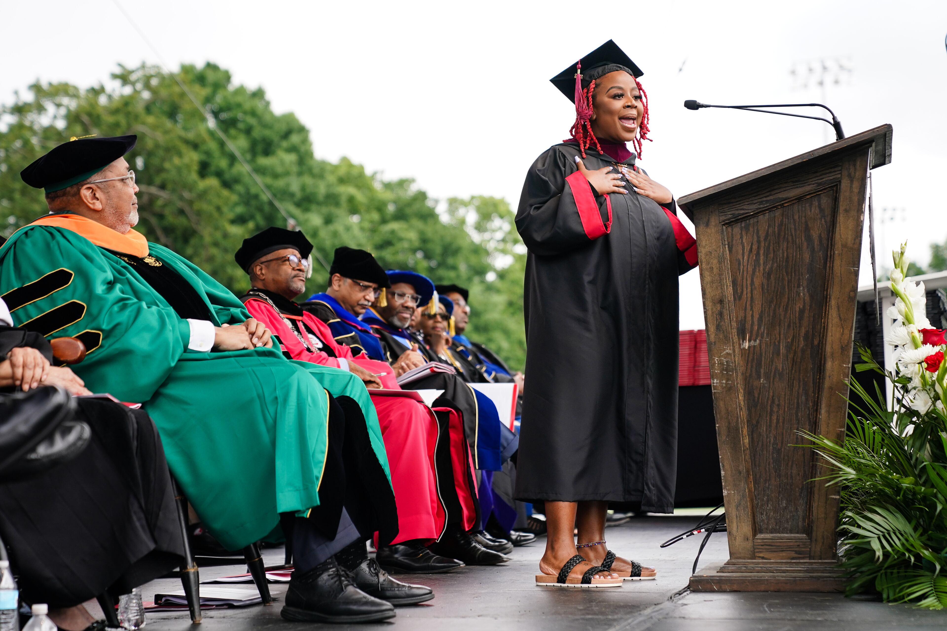 Aisha "Pinky" Cole delivers the headline commencement address during Clark Atlanta University’s 33rd Commencement Exercises, at Panther Stadium on Saturday, May 14, 2022, in Atlanta. (Elijah Nouvelage for The Atlanta Journal-Constitution)