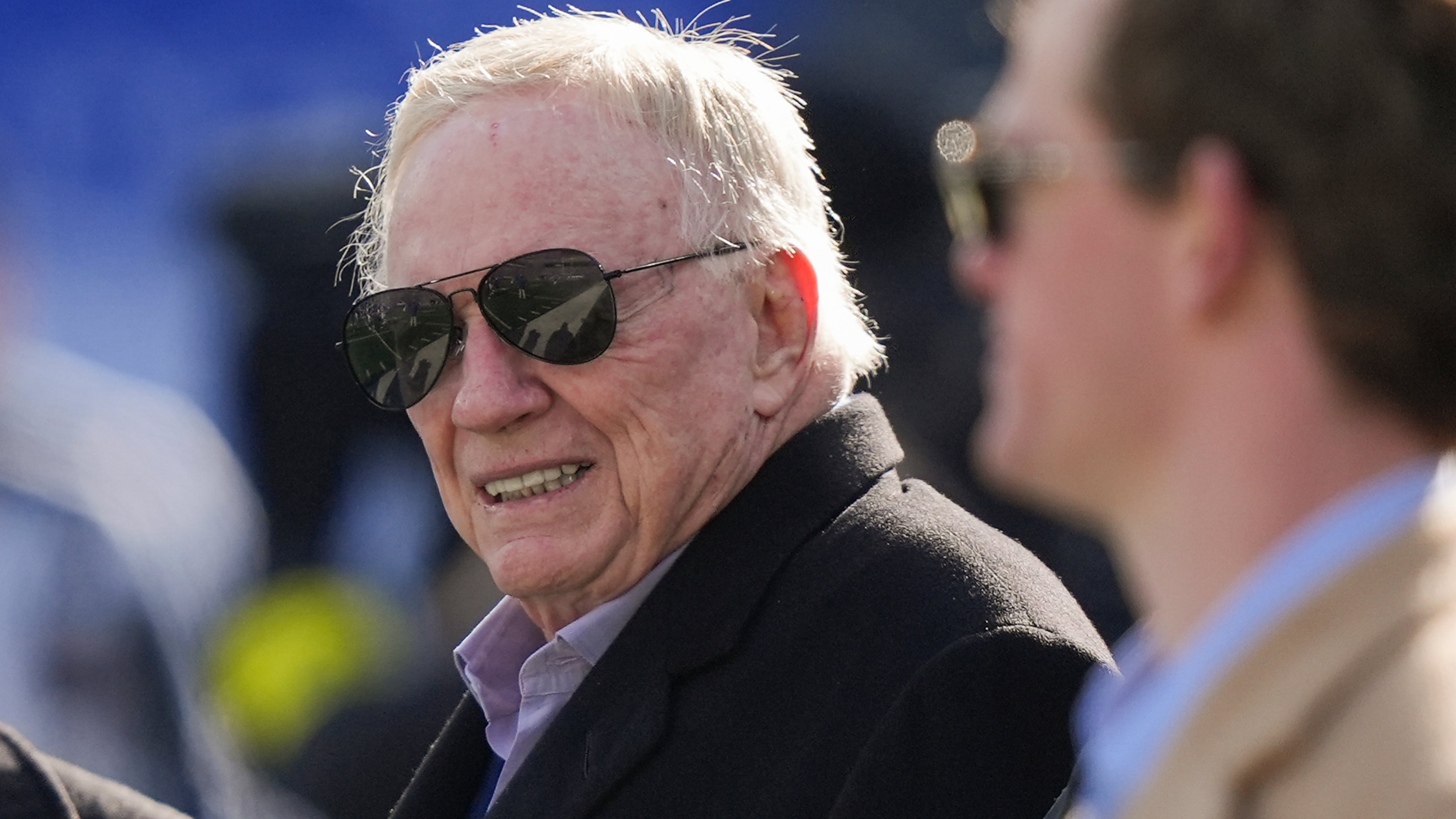 Dallas Cowboys owner Jerry Jones walks on the field before an NFL football game between the New York Giants and the Dallas Cowboys, Sunday, Jan. 4, 2026, in East Rutherford, N.J. (AP Photo/Frank Franklin II)