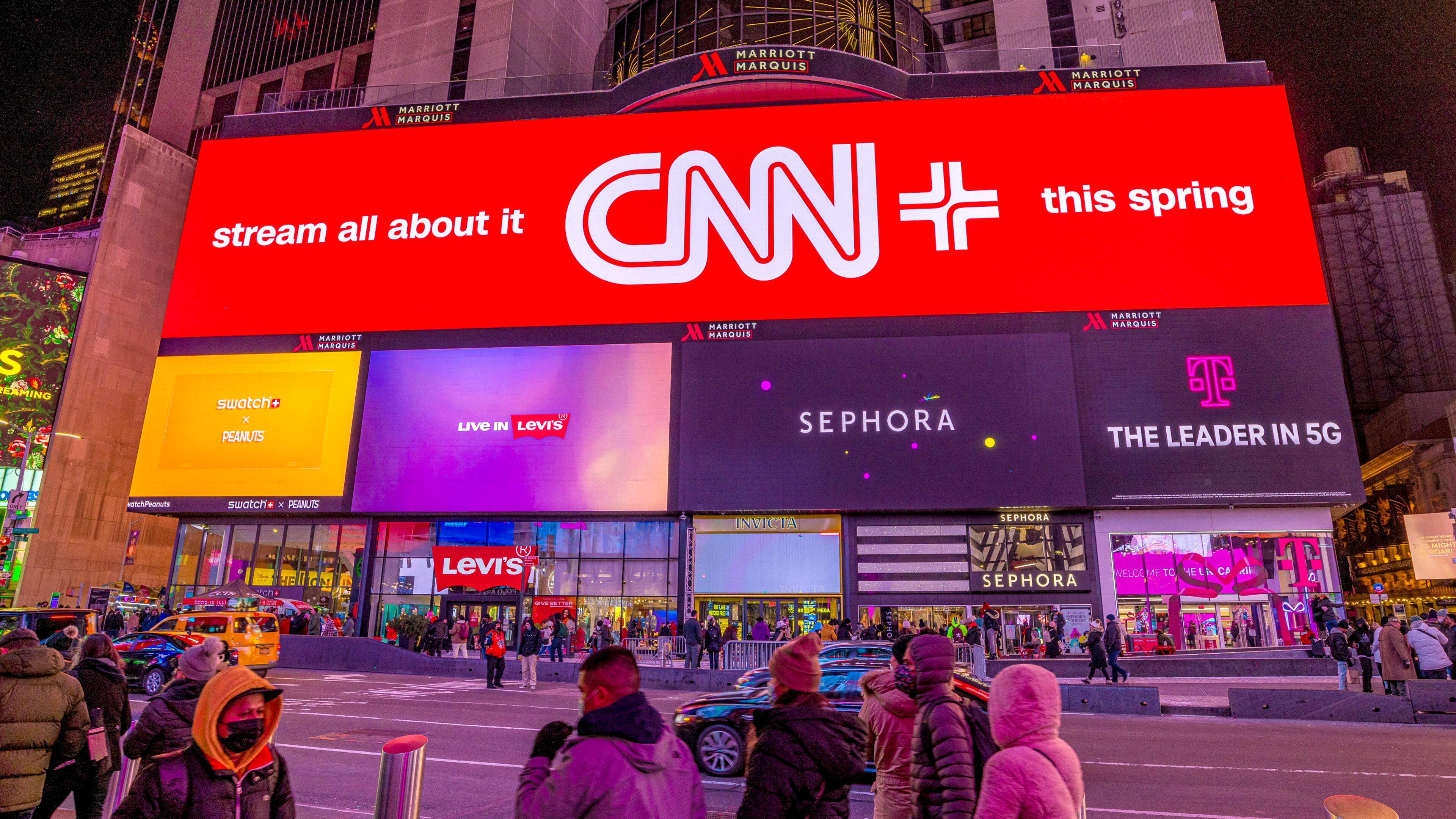 An advertisement for CNN Plus appears on a digital billboard in Times Square in New York. MUST CREDIT: CNN