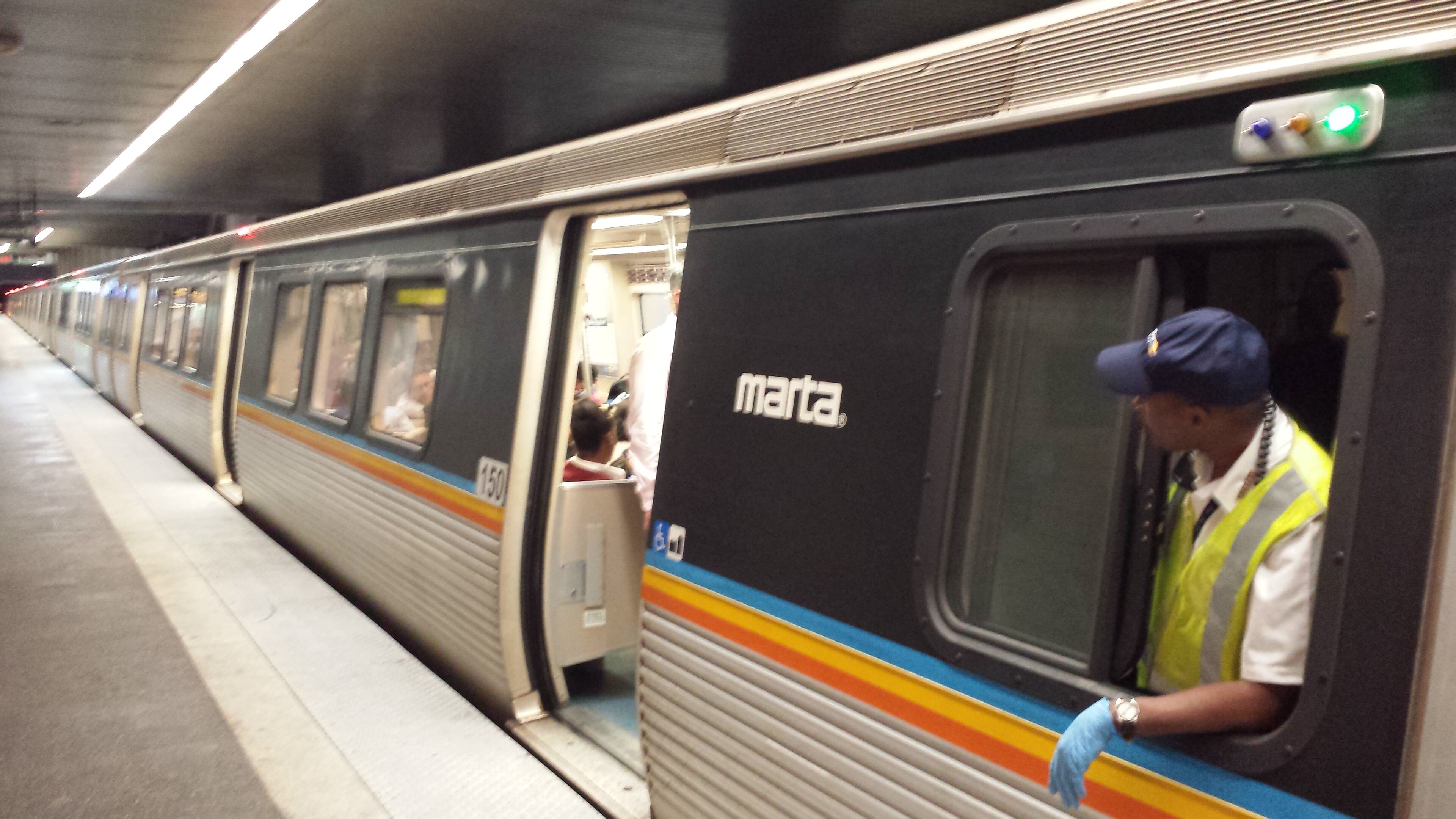 A MARTA train headed Southbound at North Avenue station waits for the all clear to keep moving toward Civic Center station Tuesday evening, July 22, 2014.