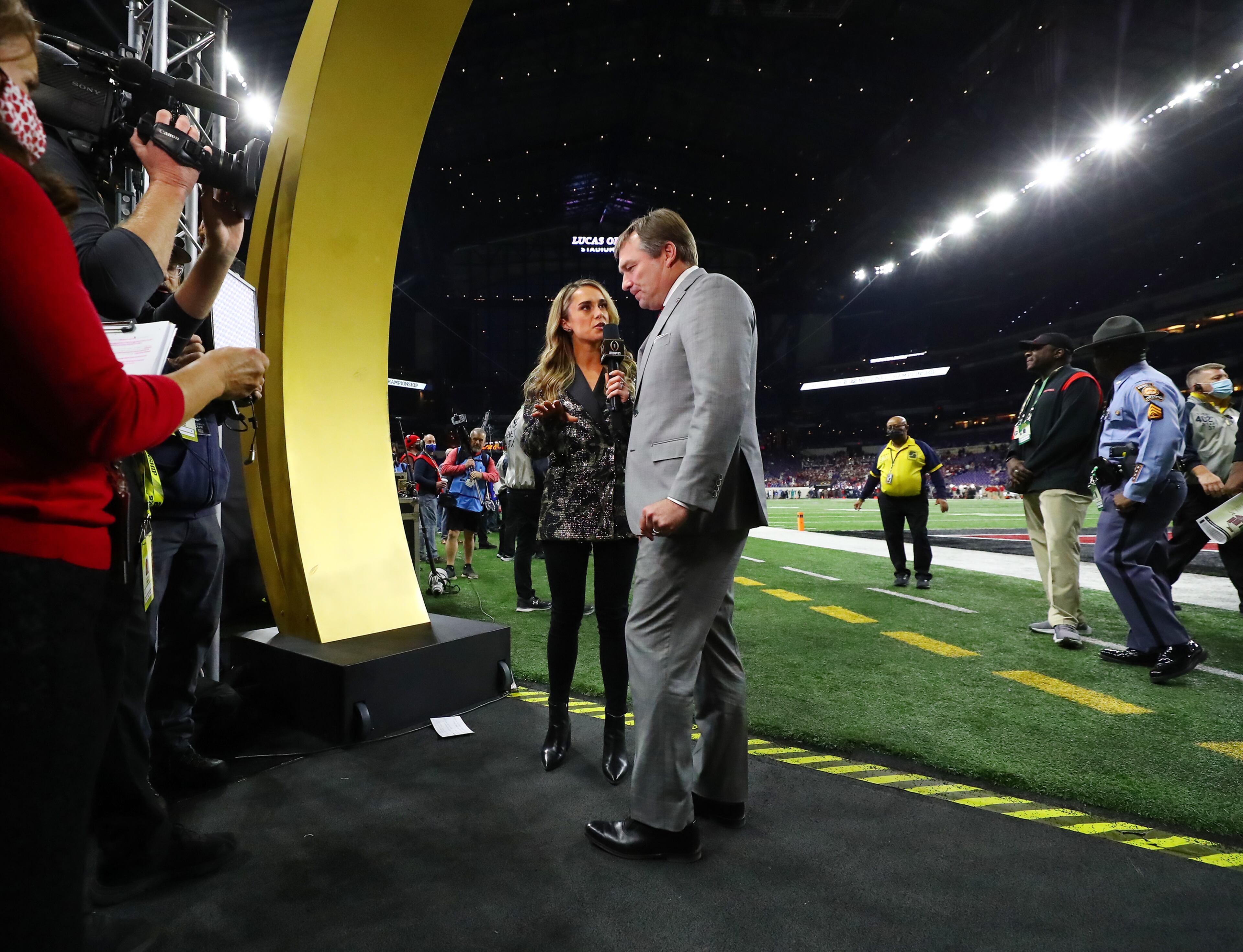Georgia head coach Kirby Smart pauses for a pregame interview as he arrives to play Alabama in the College Football Playoff Championship game on Monday, Jan. 10, 2022, in Indianapolis. “Curtis Compton / Curtis.Compton@ajc.com”`