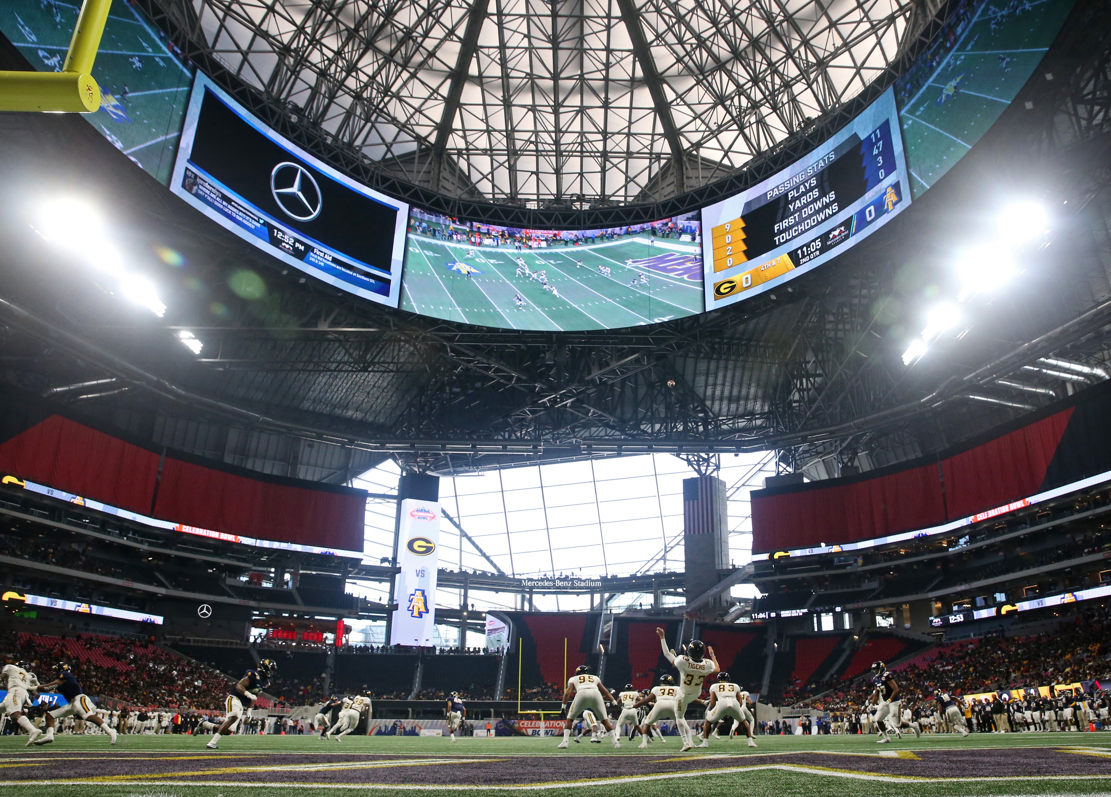 December 16, 2017 - Atlanta, Ga: Grambling State Tigers punter Miguel Mendez (33) punts in the first half against North Carolina A&T in the Celebration Bowl football game at Mercedes-Benz Stadium Saturday, December 16, 2017, in Atlanta. PHOTO / JASON GETZ