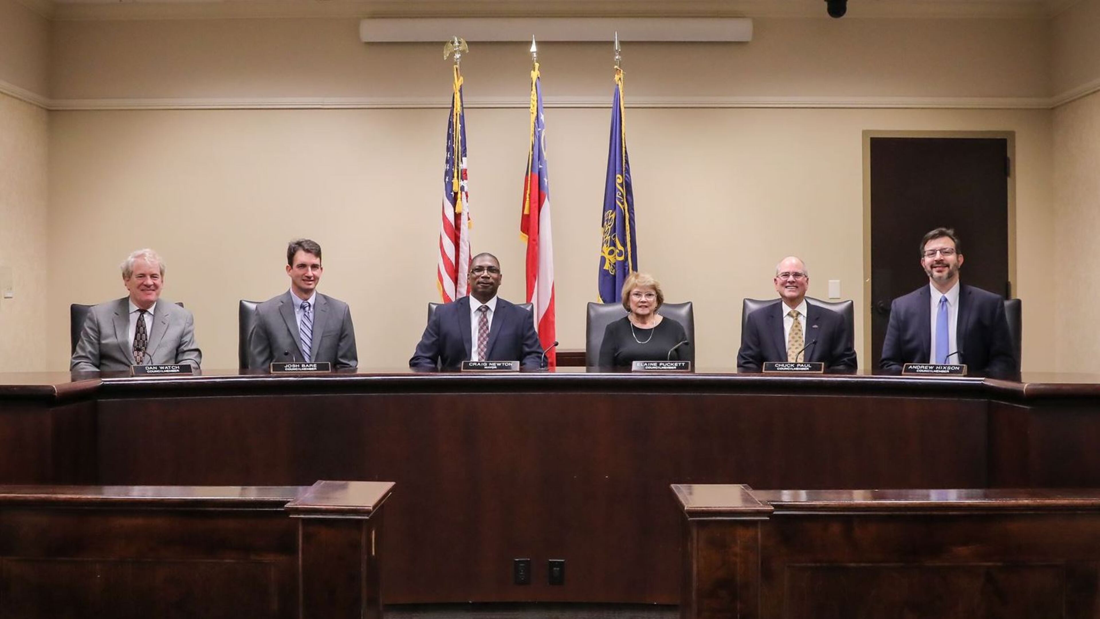 The Norcross City Council l-r: Council Members Dan Watch, Josh Bare, Mayor Craig Newton, and Council Members Elaine Puckett, Chuck Paul and Andrew Hixson. (Courtesy City of Norcross)