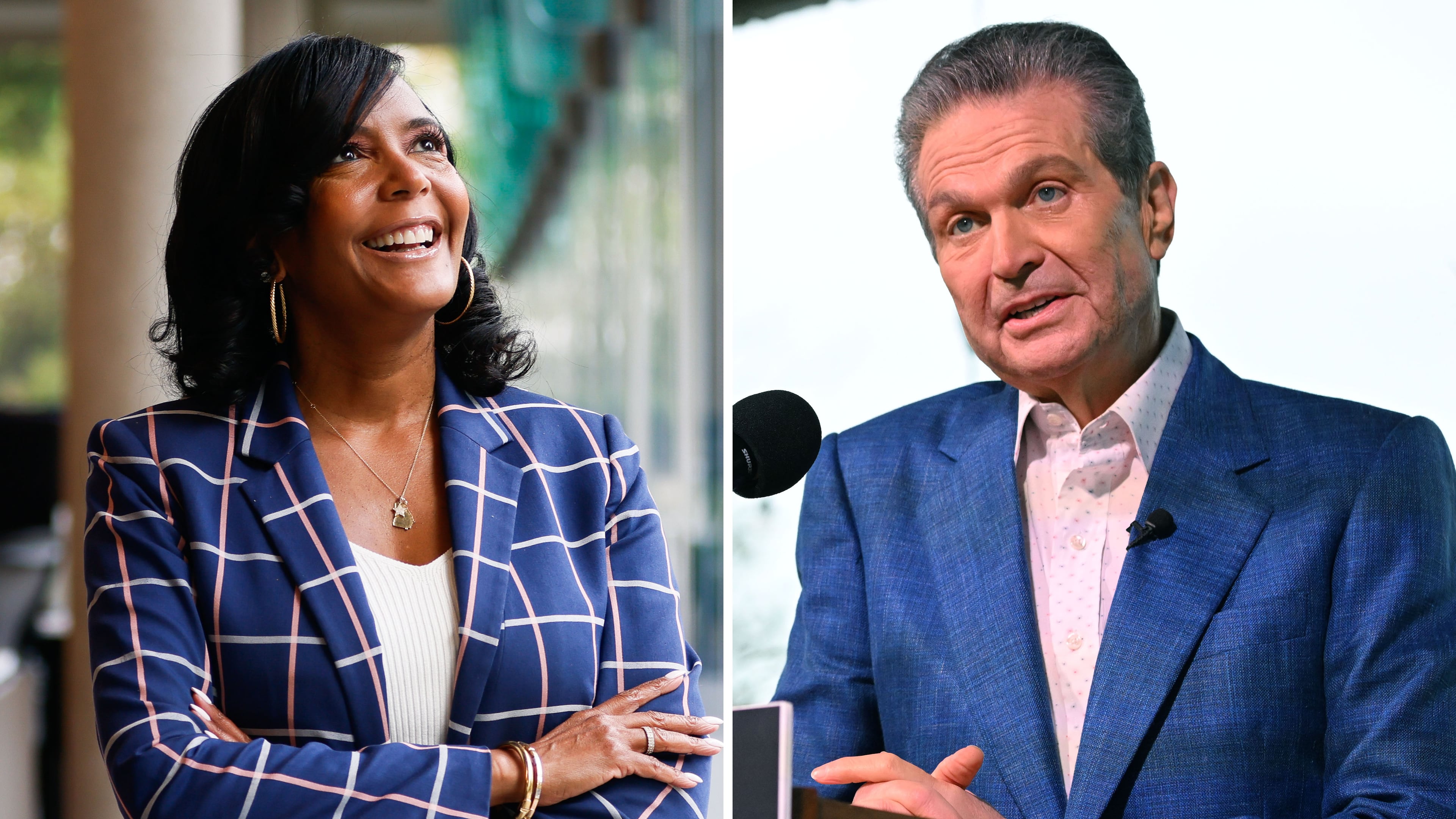 Democratic gubernatorial candidate Keisha Lance Bottoms (left) and Republican gubernatorial candidate Rick Jackson will face off in Tuesday's town hall debate — likely their only meeting. (Abbey Cutrer for the AJC; Hyosub Shin/AJC)