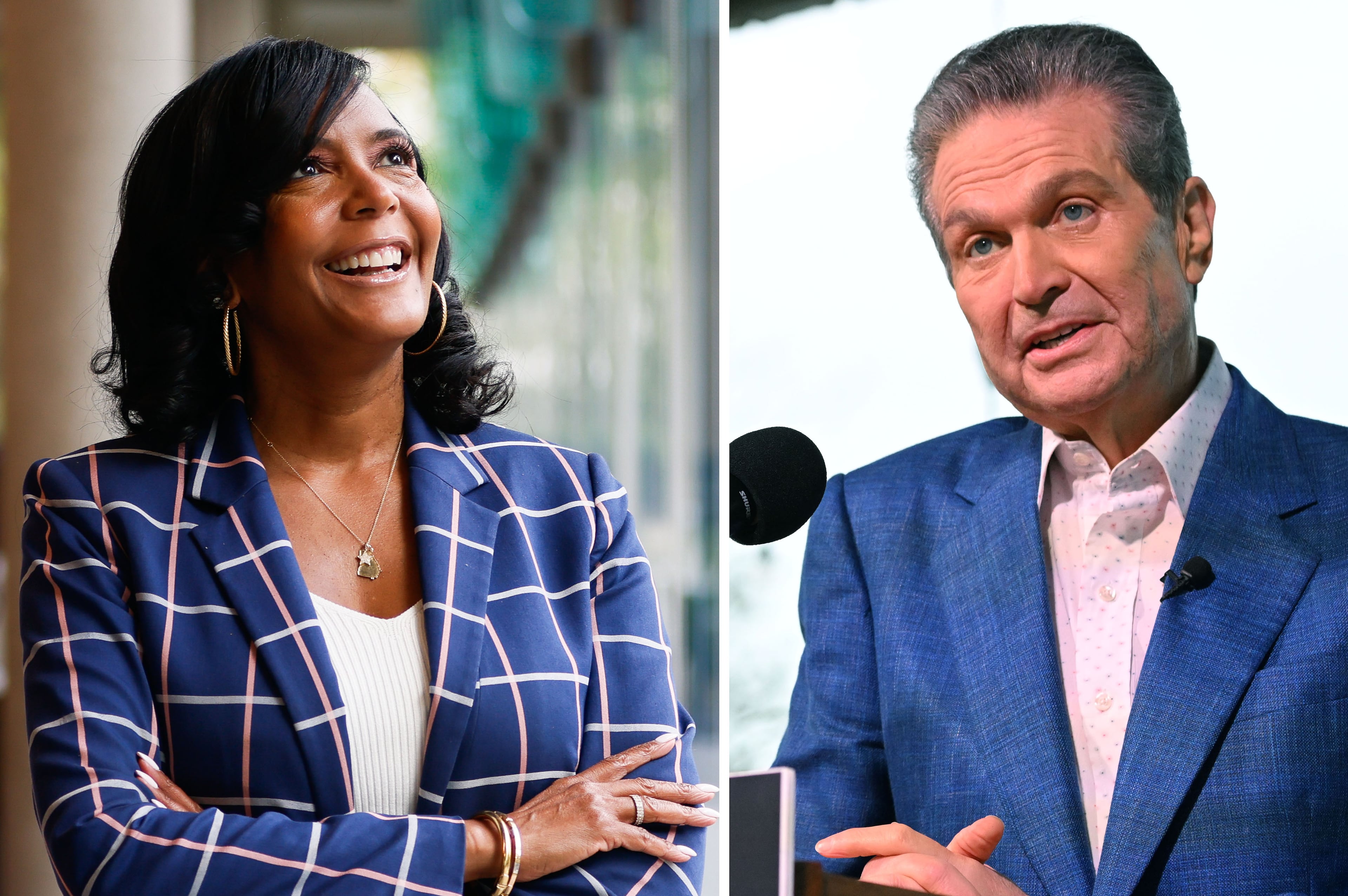 Democratic gubernatorial candidate Keisha Lance Bottoms (left) and Republican gubernatorial candidate Rick Jackson will face off in Tuesday's town hall debate — likely their only meeting. (Abbey Cutrer for the AJC; Hyosub Shin/AJC)