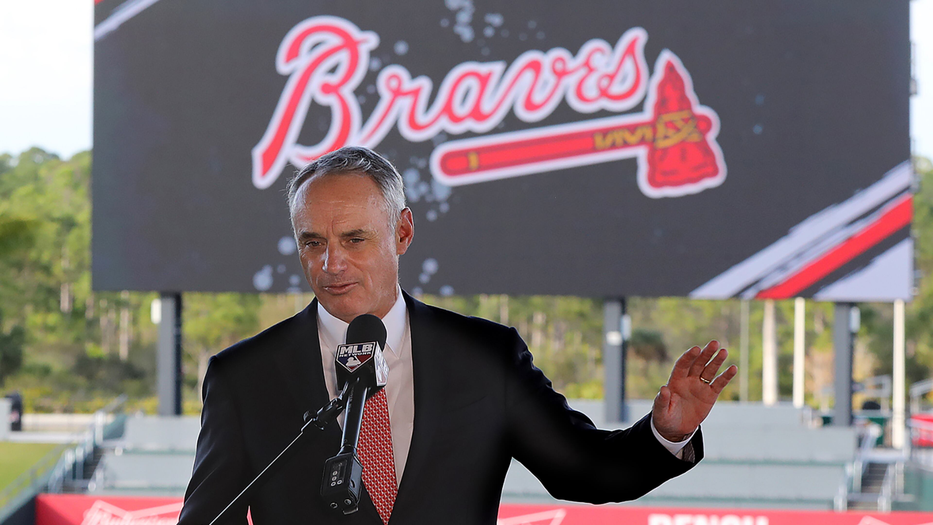Baseball ommissioner Rob Manfred takes questions about the Houston Astros during a news conference at the Atlanta Braves' spring training facility on Sunday, Feb. 16, 2020, in North Port, Fla.