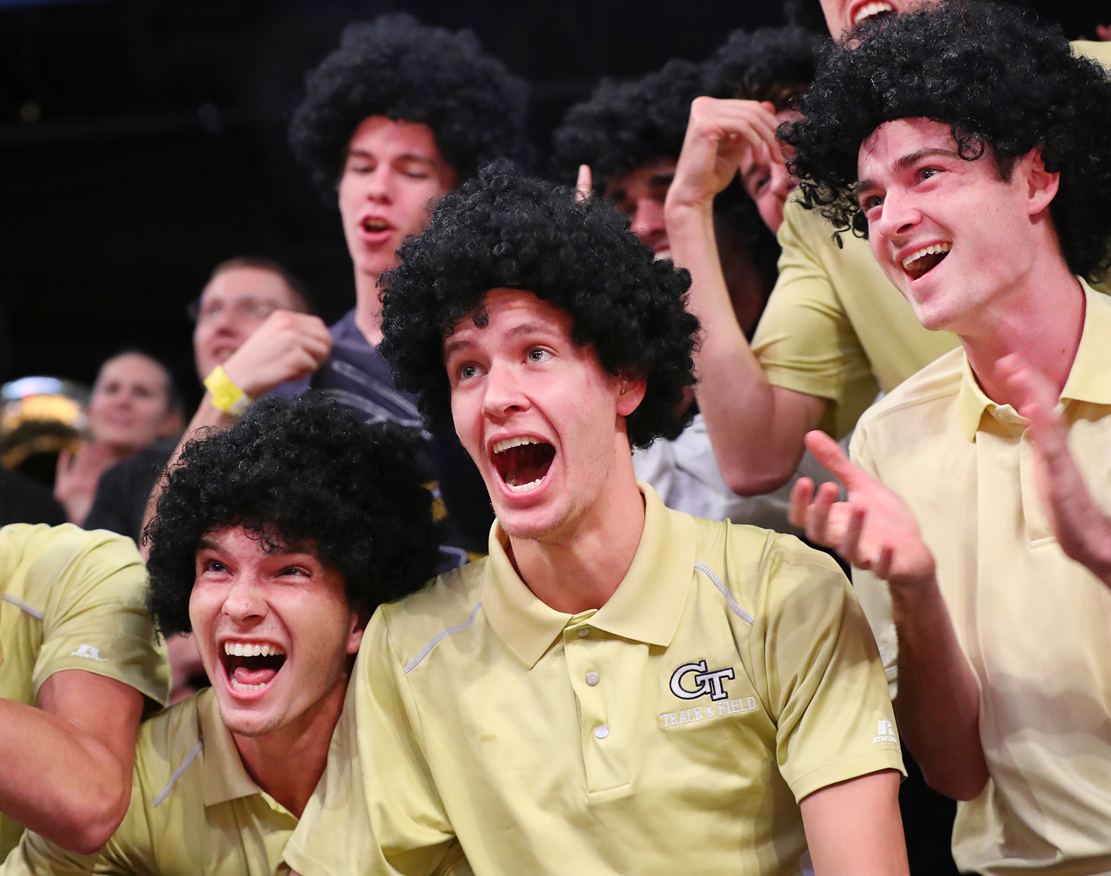 *** POSSIBLE VISUAL LEDE ** November 28, 2017 Atlanta: â WIG NIGHT â Georgia Tech fans sport head coach Josh Pastner wigs as they cheer on their team against Northwestern during Josh Pastner wig night in a NCAA college basketball game on Tuesday, November 28, 2017, in Atlanta. Curtis Compton/ccompton@ajc.com
