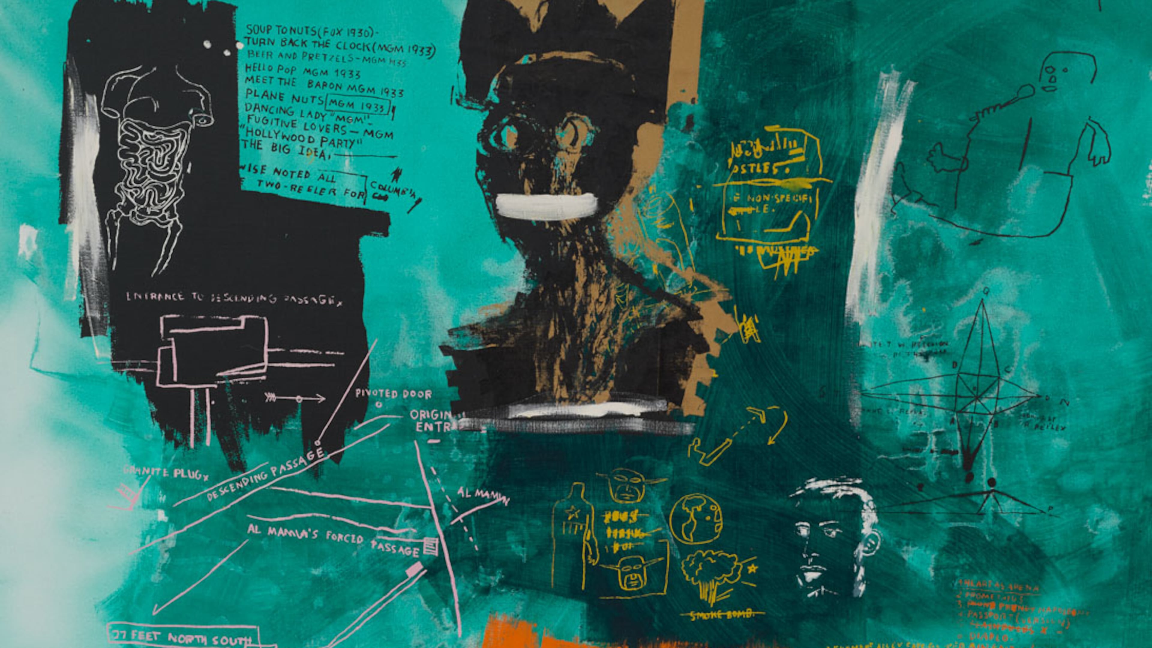 The High Museum of Art exhibition “Basquiat, the Blue Ribbon Paintings, and the Art of Reproduction” opens Feb. 19, 2027. It includes Jean-Michel Basquiat's "Blue Ribbon I," 1984, acrylic, oil stick and screen print on canvas, private collection. (© Estate of Jean-Michel Basquiat. Licensed by Artestar, New York.)
