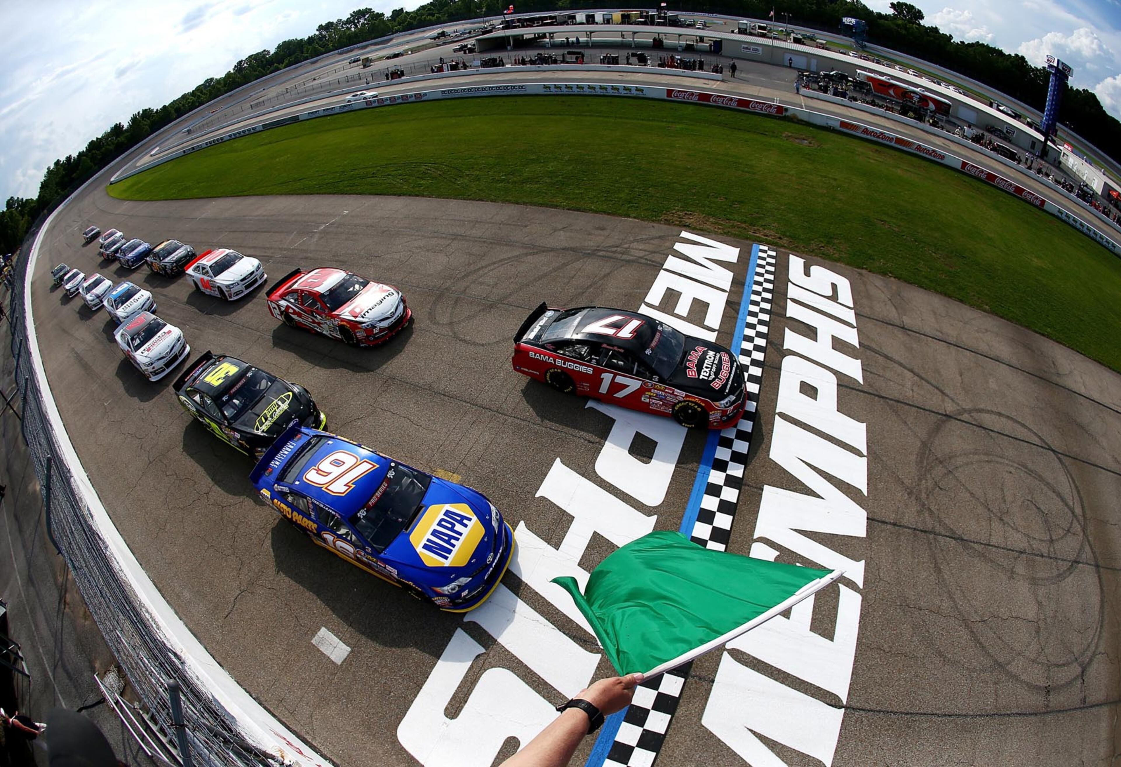 MILLINGTON, TN - JUNE 03: Todd Gilliland, driver of the #16 NAPA Auto Parts Toyota, and Chase Purdy, driver of the #17 Bama Buggies Toyota, lead the field to green during the NASCAR K&N Pro Series East Memphis 125 presented by AutoZone at Memphis International Speedway on June 3, 2017 in Millington, Tennessee. (Photo by Sarah Crabill/Getty Images)