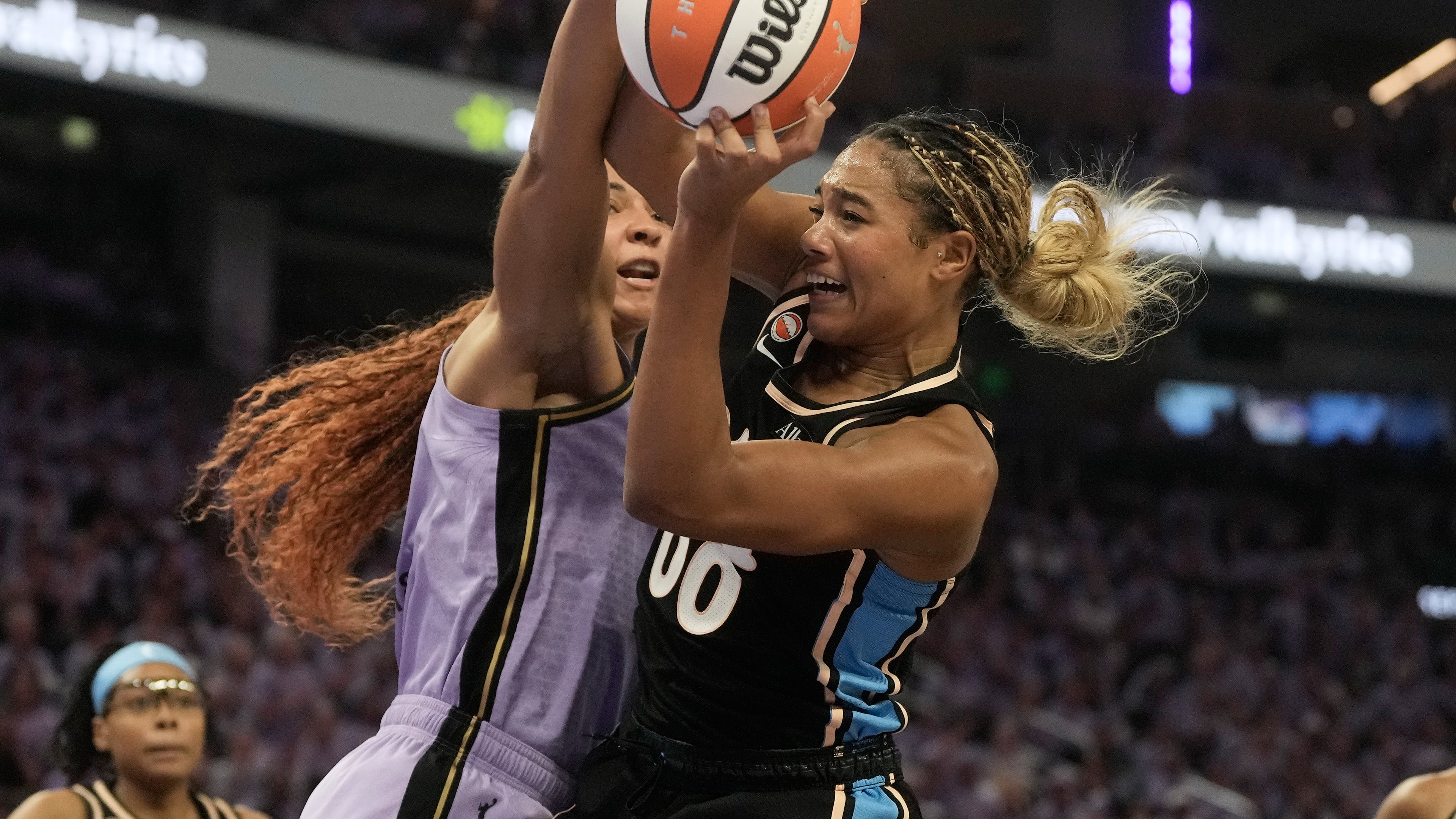 Atlanta Dream forward Naz Hillmon (right) grabs a rebound against Golden State Valkyries center Kiah Stokes during the first half of Game 5 of the WNBA basketball finals, Monday, Oct. 26, 2026, in San Francisco. (Jeff Chiu/AP)
