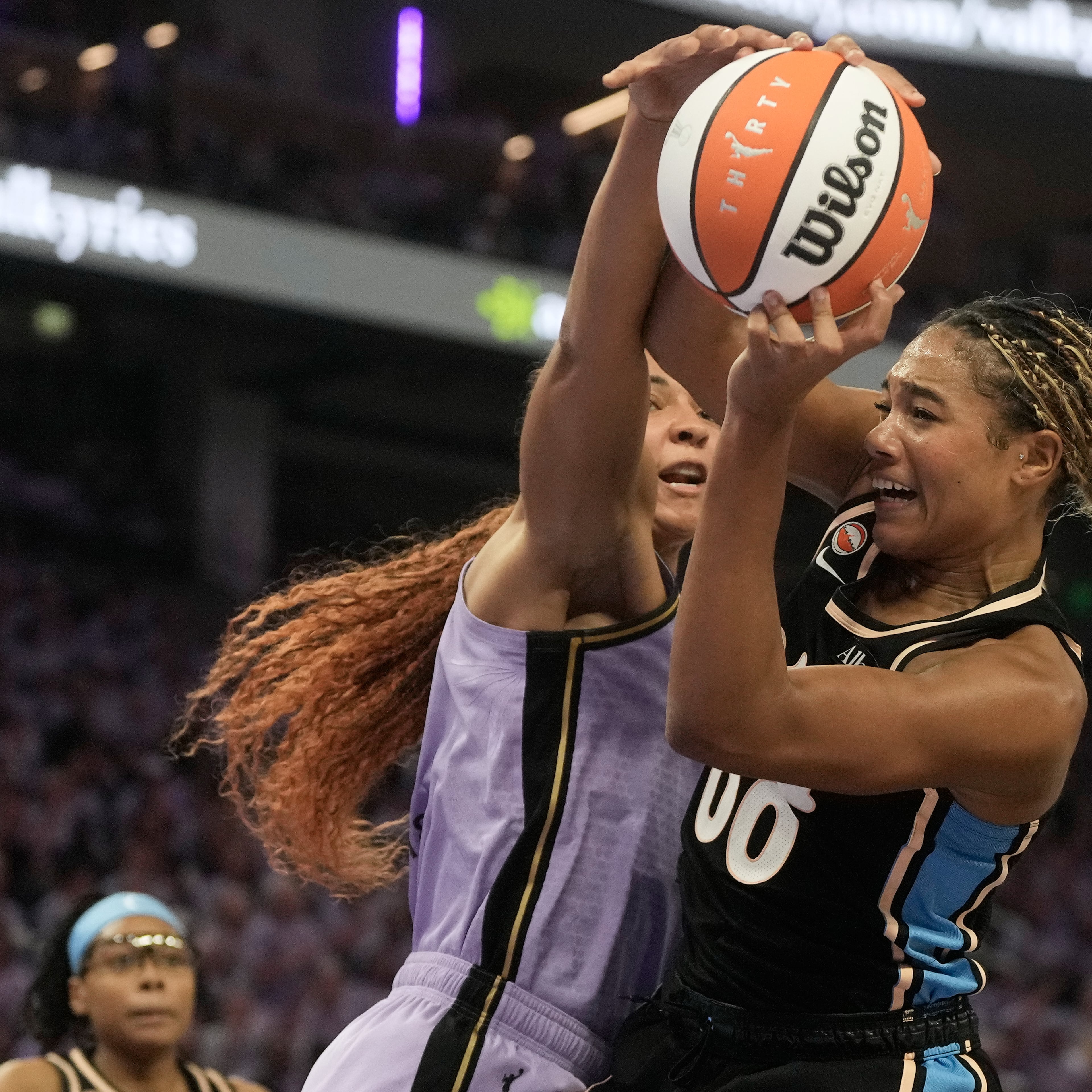 Atlanta Dream forward Naz Hillmon (right) grabs a rebound against Golden State Valkyries center Kiah Stokes during the first half of Game 5 of the WNBA basketball finals, Monday, Oct. 26, 2026, in San Francisco. (Jeff Chiu/AP)