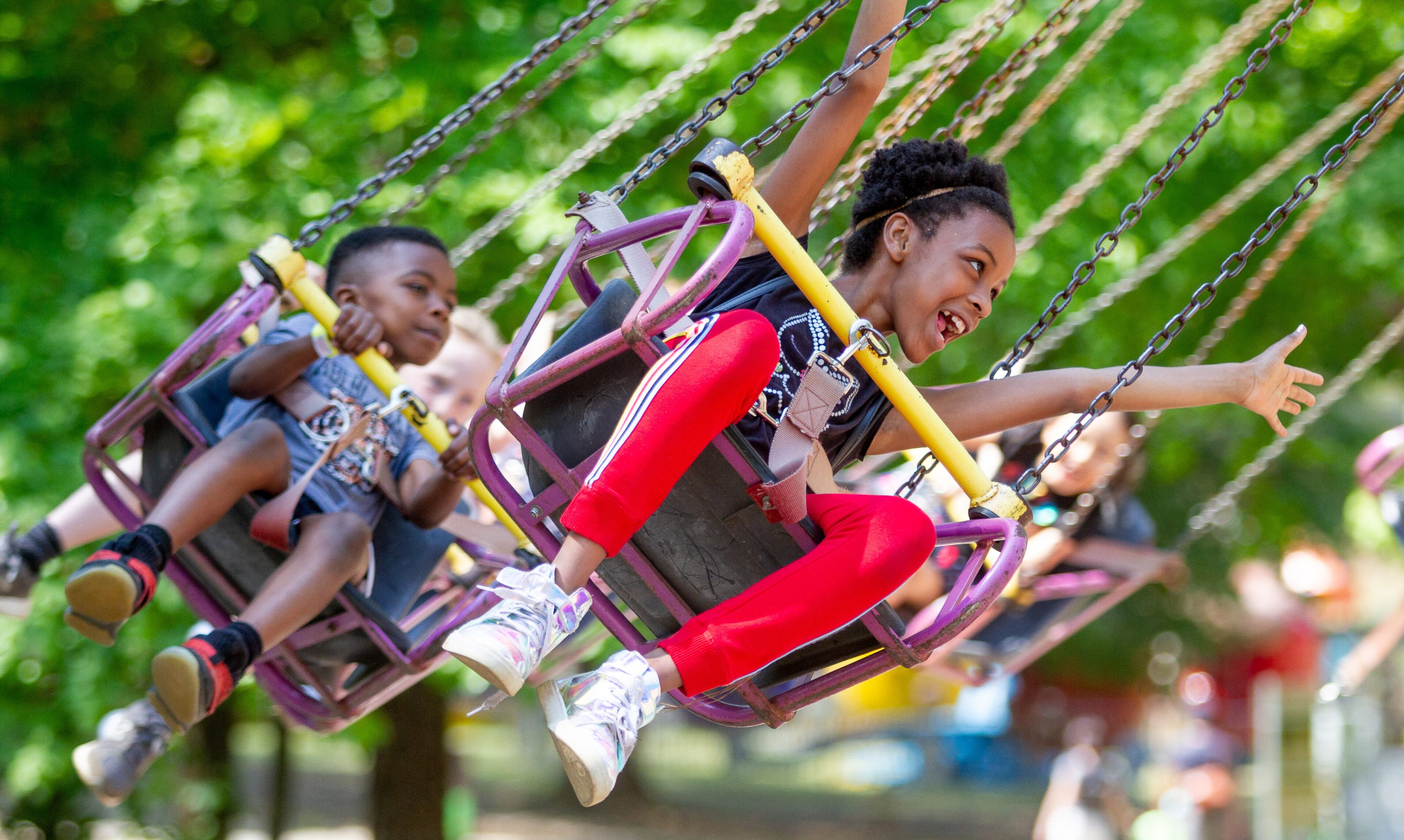 People ride on the Zumur, one of the many rides at the 20th annual Lemonade Days Festival on Sunday, April 28, 2019, in Dunwoody. Lemonade Days is the largest annual fundraising event for Dunwoody Preservation Trust. All proceeds are used within the community for historic preservation and education. STEVE SCHAEFER / SPECIAL TO THE AJC