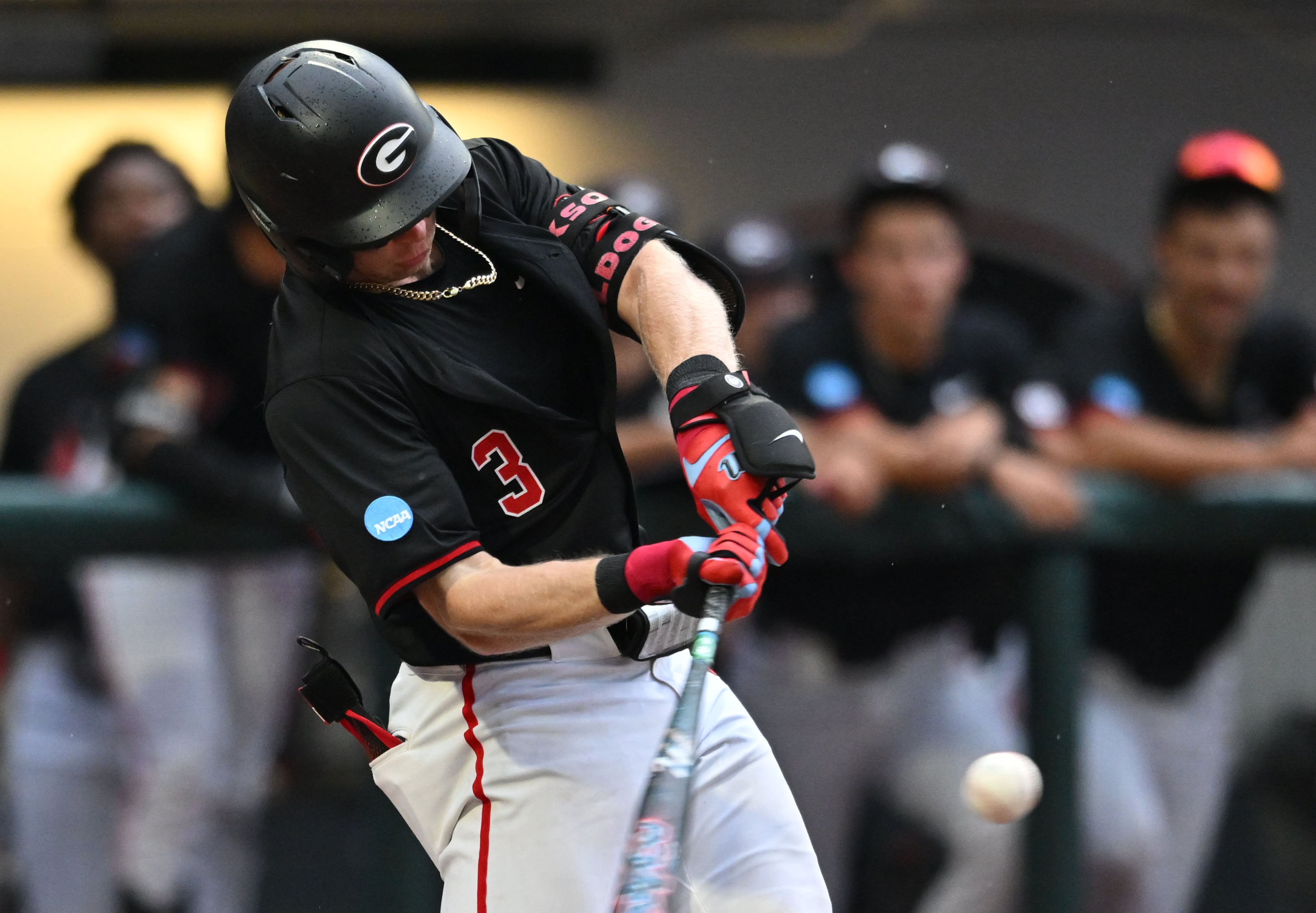 Georgia catcher Daniel Jackson (3) hits a solo home run during the fifth inning of their NCAA Regional game at Foley Field, Friday, May 29, 2026, in Athens. (Hyosub Shin/AJC)