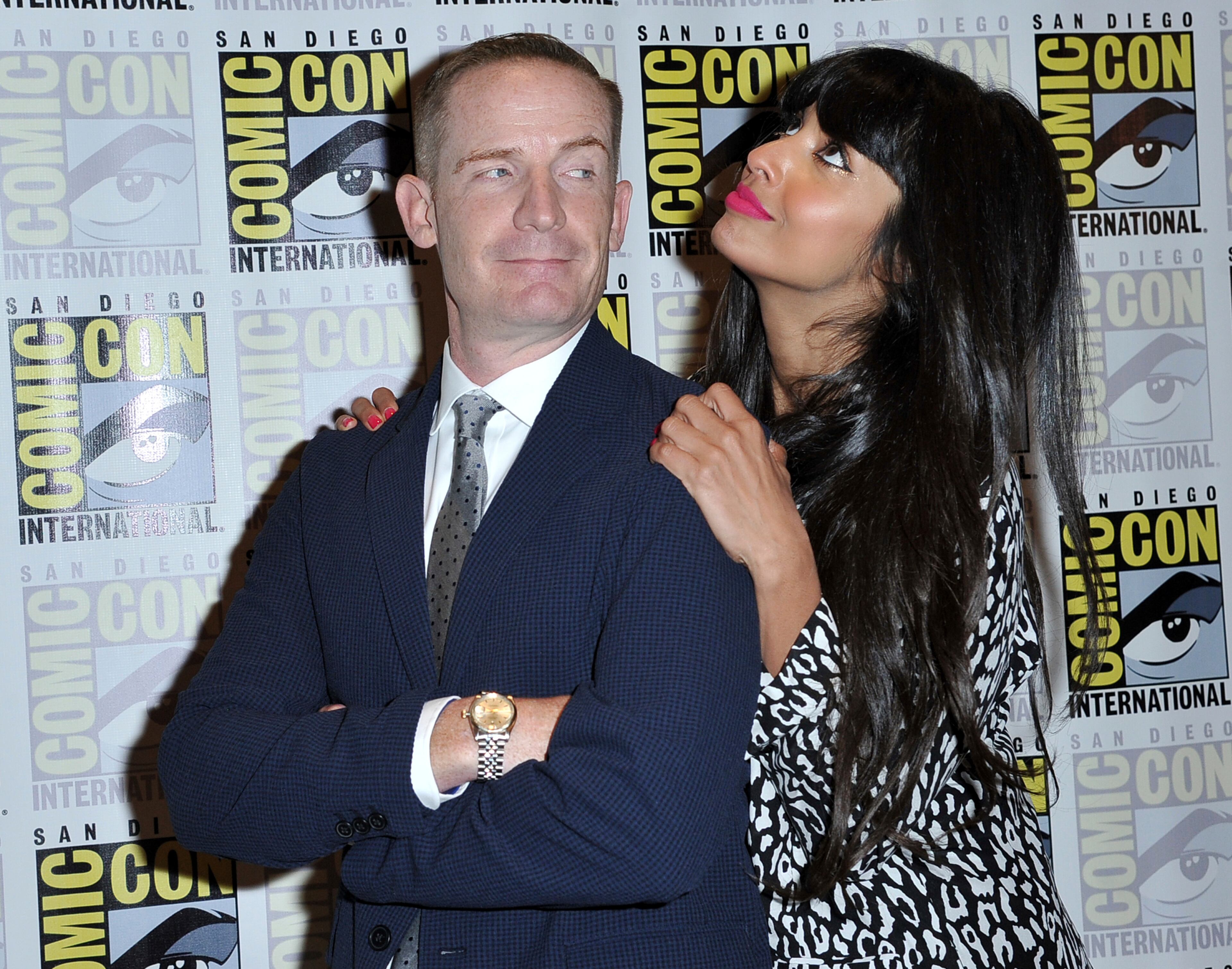 Marc Evan Jackson, left, and Jameela Jamil arrive at "The Good Place" press line on day three of Comic-Con International on Saturday, July 20, 2019, in San Diego. (Photo by Richard Shotwell/Invision/AP)