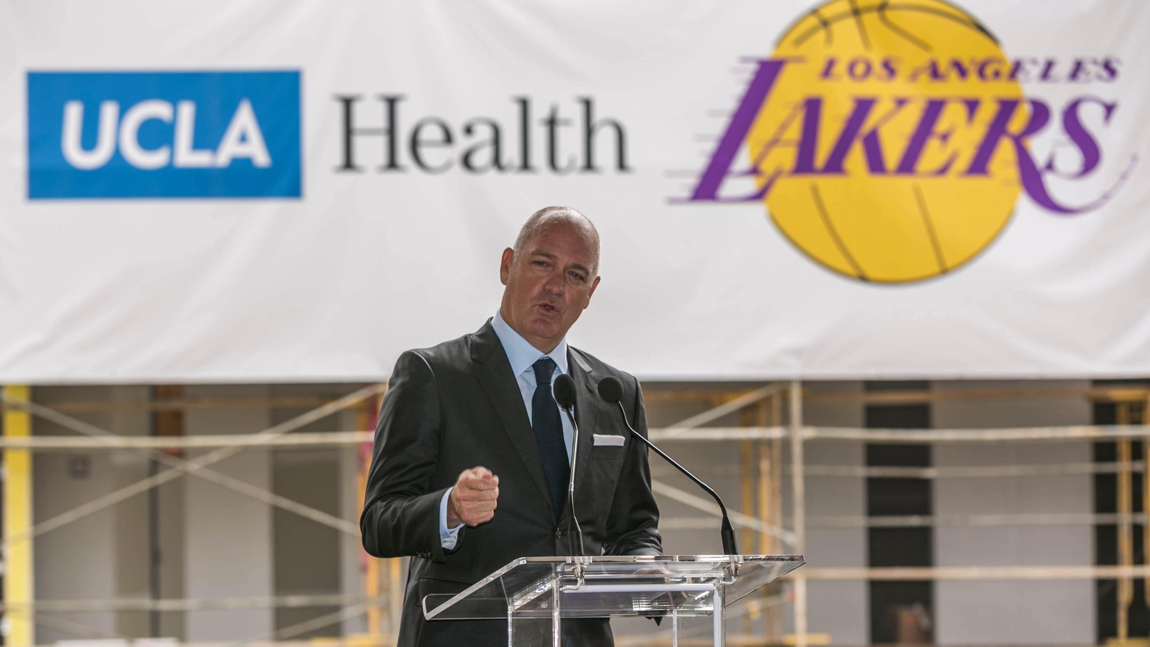 FILE - Los Angeles Lakers Chief Operating Officer Tim Harris speaks in El Segundo, Calif., Aug 31, 2016. (AP Photo/Damian Dovarganes, File)