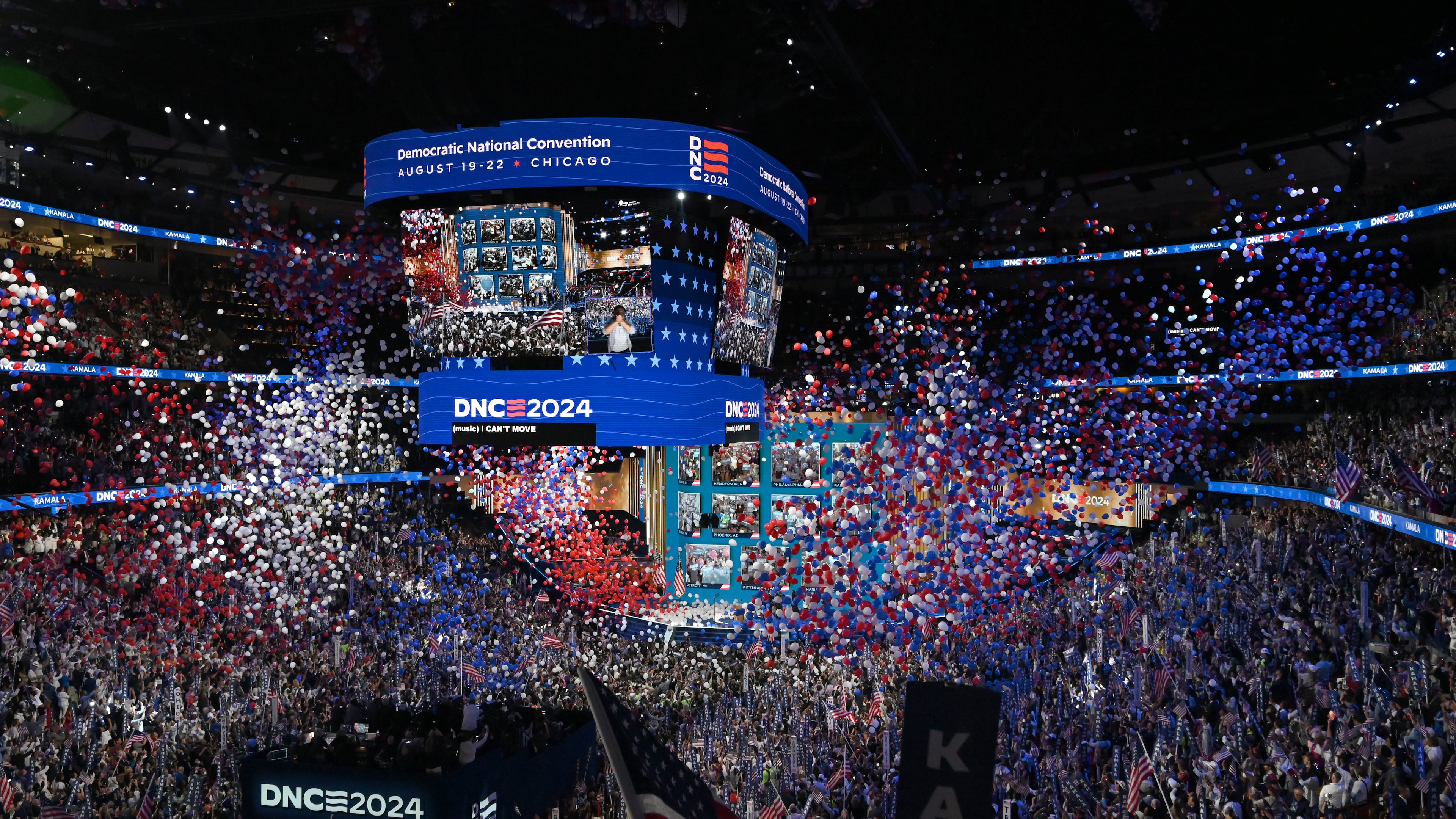 Balloons drop during during the final day of the 2024 Democratic National Convention at the United Center in Chicago. Atlanta was a finalist for hosting the DNC that year, but Chicago was chosen instead, and both are once again finalists for the 2028 DNC. (Hyosub Shin/AJC 2024)