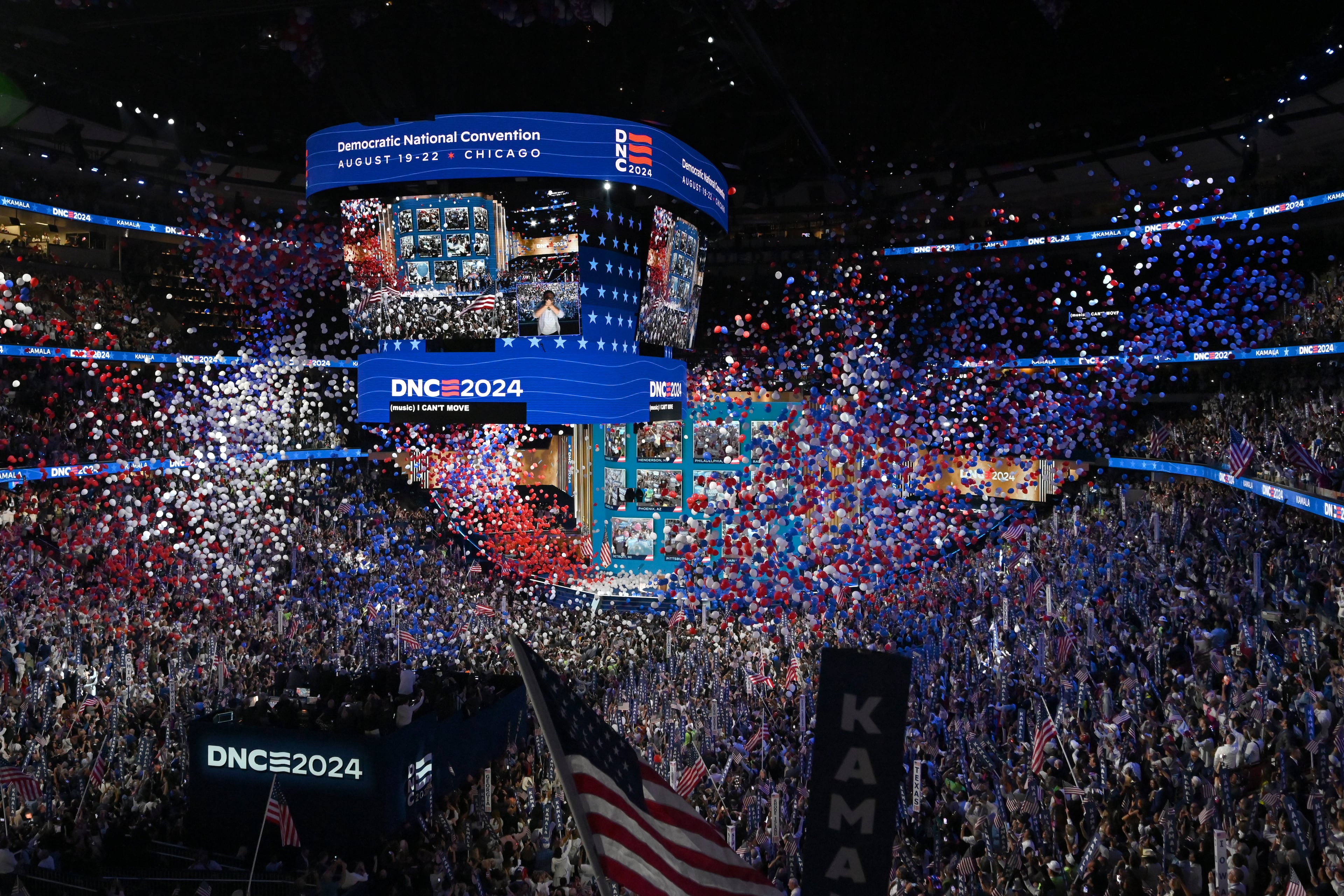 Balloons drop during during the final day of the 2024 Democratic National Convention at the United Center in Chicago. Atlanta was a finalist for hosting the DNC that year, but Chicago was chosen instead, and both are once again finalists for the 2028 DNC. (Hyosub Shin/AJC 2024)