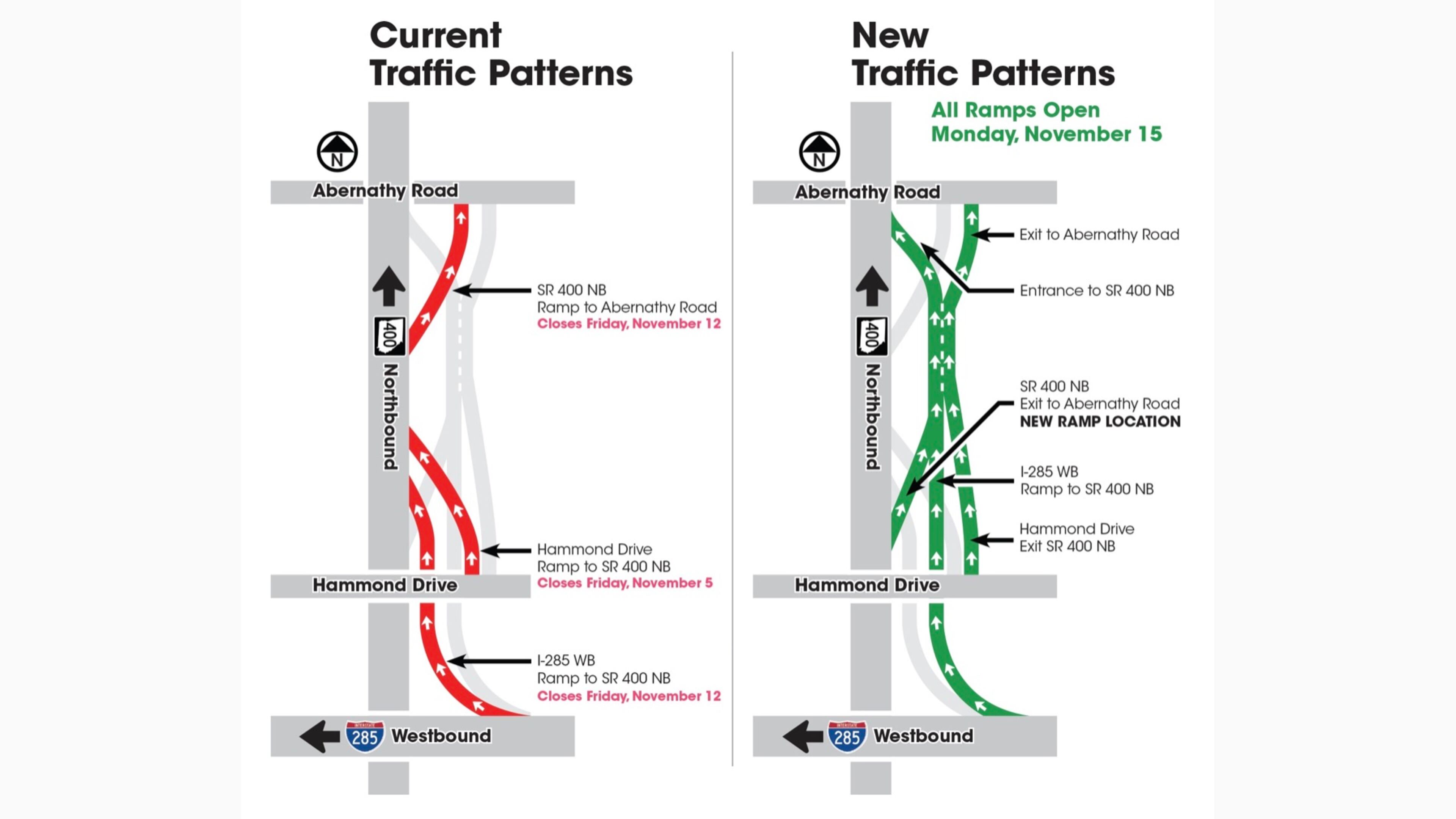 Georgia Department of Transportation construction crews will be closing the ramp from Hammond Drive to Ga. 400 northbound, the ramp from Ga. 400 northbound to Abernathy Road, and the ramp from I-285 westbound to Ga. 400 northbound. (Courtesy Georgia DOT)