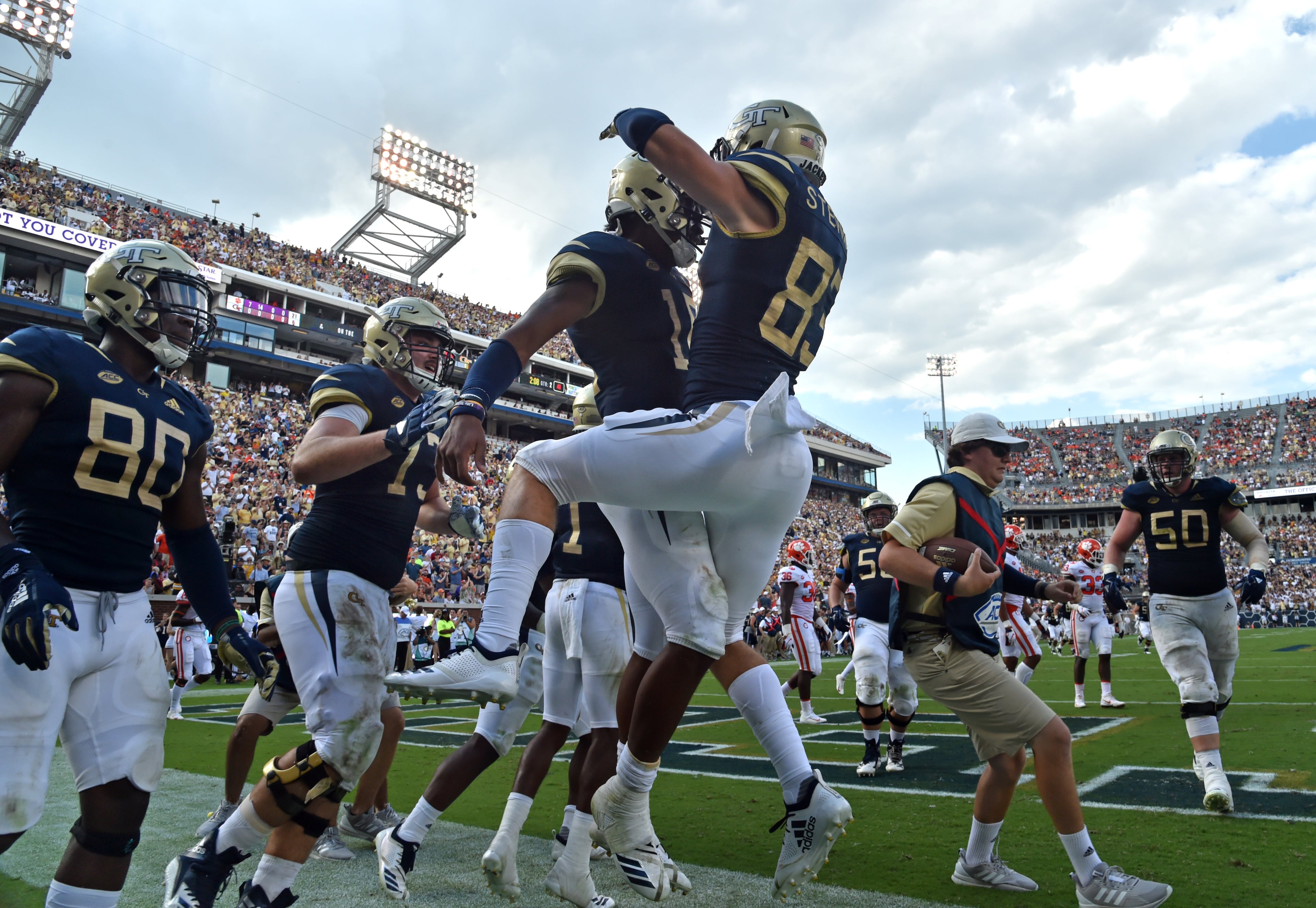 September 22, 2018 Atlanta - Georgia Tech quarterback TaQuon Marshall (16) and Georgia Tech wide receiver Brad Stewart (83) celebrate after Marchall scored a touchdown in the first half at Bobby Dodd Stadium on Saturday, September 22, 2018. HYOSUB SHIN / HSHIN@AJC.COM