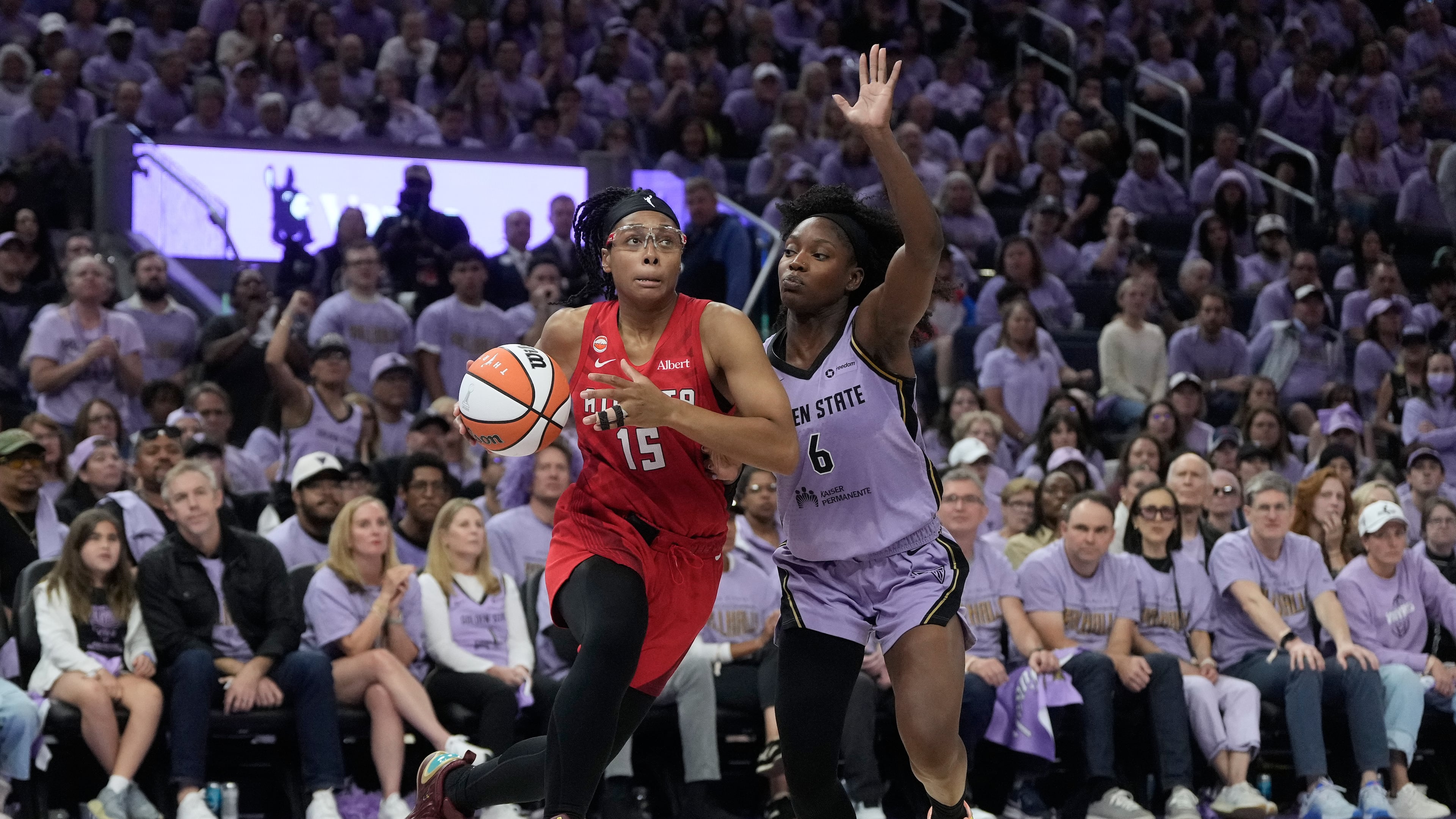 Atlanta Dream guard Allisha Gray drives to the basket against Golden State Valkyries guard-forward Kaila Charles during the second half of Game 1 of the WNBA basketball finals, Saturday, Oct. 17, 2026, in San Francisco. (Jeff Chiu/AP)