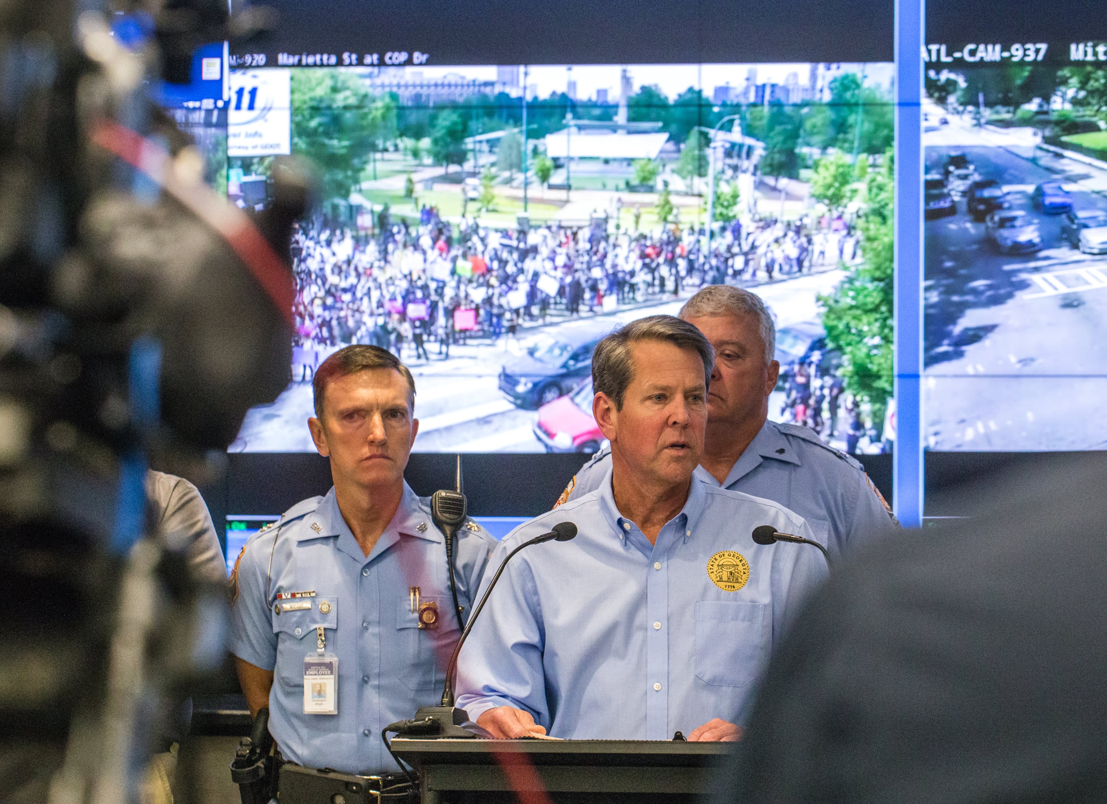 Govenor Brian Kemp hold his weekly Covid-19 press conference and address unrest in the state at the Georgia Emergency Management and Homeland Security Agency on Tuesday, June 2, 2020. (Jenni Girtman for The Atlanta Journal-Constitution)