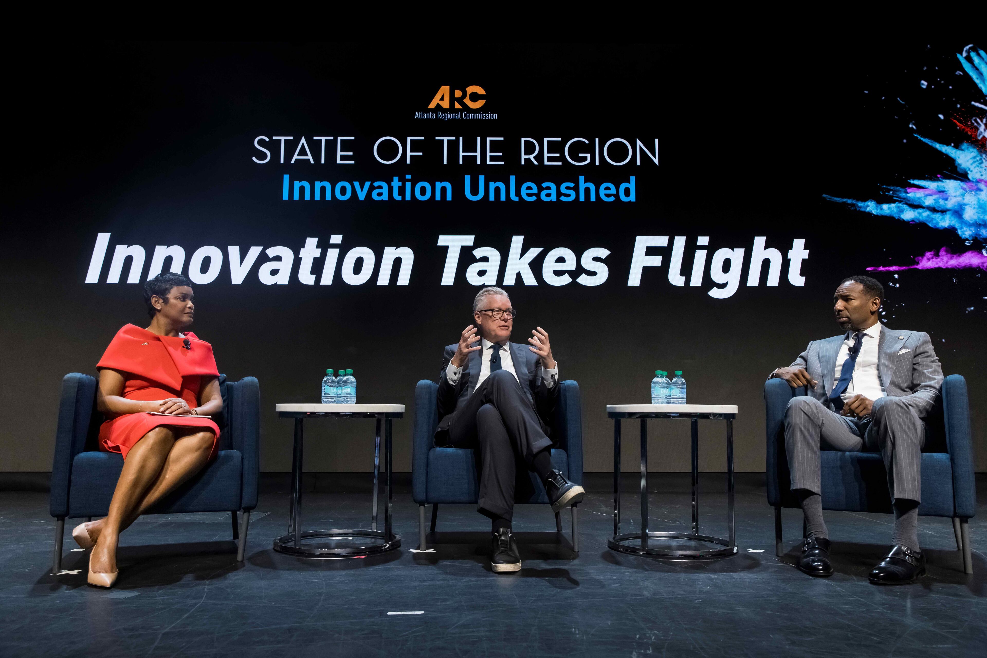 Delta CEO Ed Bastian (center), appears alongside Atlanta Mayor Andre Dickens (right), and Atlanta Regional Commission executive director and CEO Anna Roach at the ARC State of the Region event on Oct. 24, 2025. (Courtesy of the Atlanta Regional Commission)