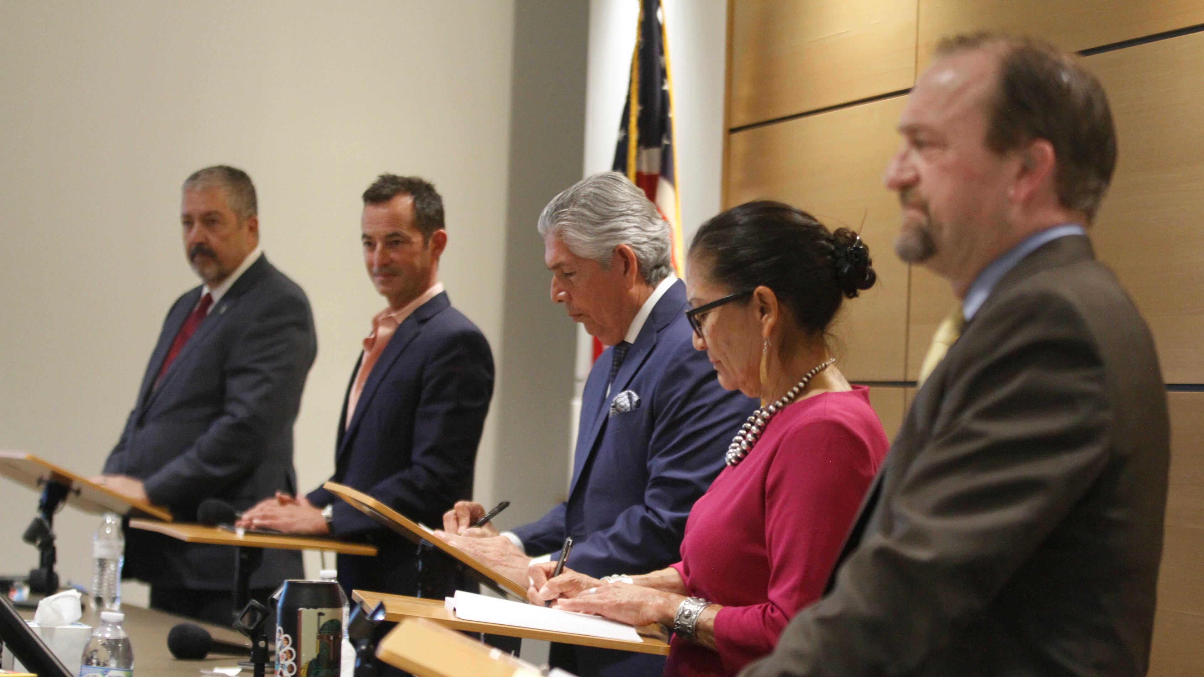 Candidates for governor of New Mexico participate in a public forum in Rio Rancho, N.M., on April 28, 2026, ahead of a June 2 primary election: From left to right, they are Democratic Bernalillo County District Attorney Sam Bregman, Republican businessman Doug Turner; Republican cannabis entrepreneur and health care expert Duke Rodriguez, Democratic former U.S. Interior Secretary Deb Haaland, and Republican former Rio Rancho mayor Gregg Hull. (AP Photo/Morgan Lee)