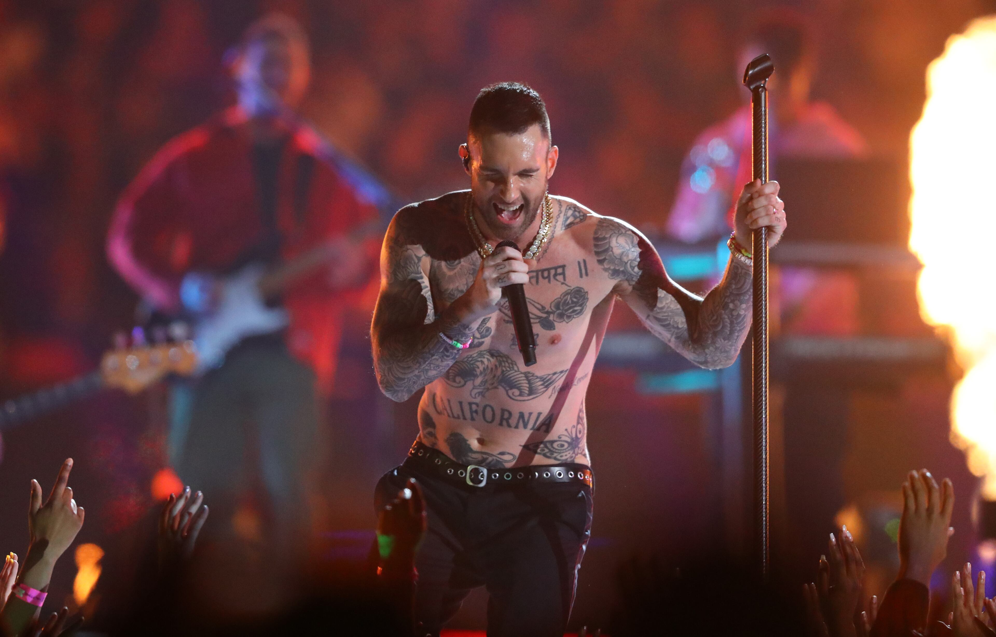 2/3/19 - Atlanta - Maroon 5's Adam Levine goes shirtless during the Halftime Show on Sunday, Feb. 3, 2019. The New England Patriots played the Los Angeles Rams in the Super Bowl at Mercedes-Benz Stadium in Atlanta, Ga. 
CURTIS COMPTON / CCOMPTON@AJC.COM