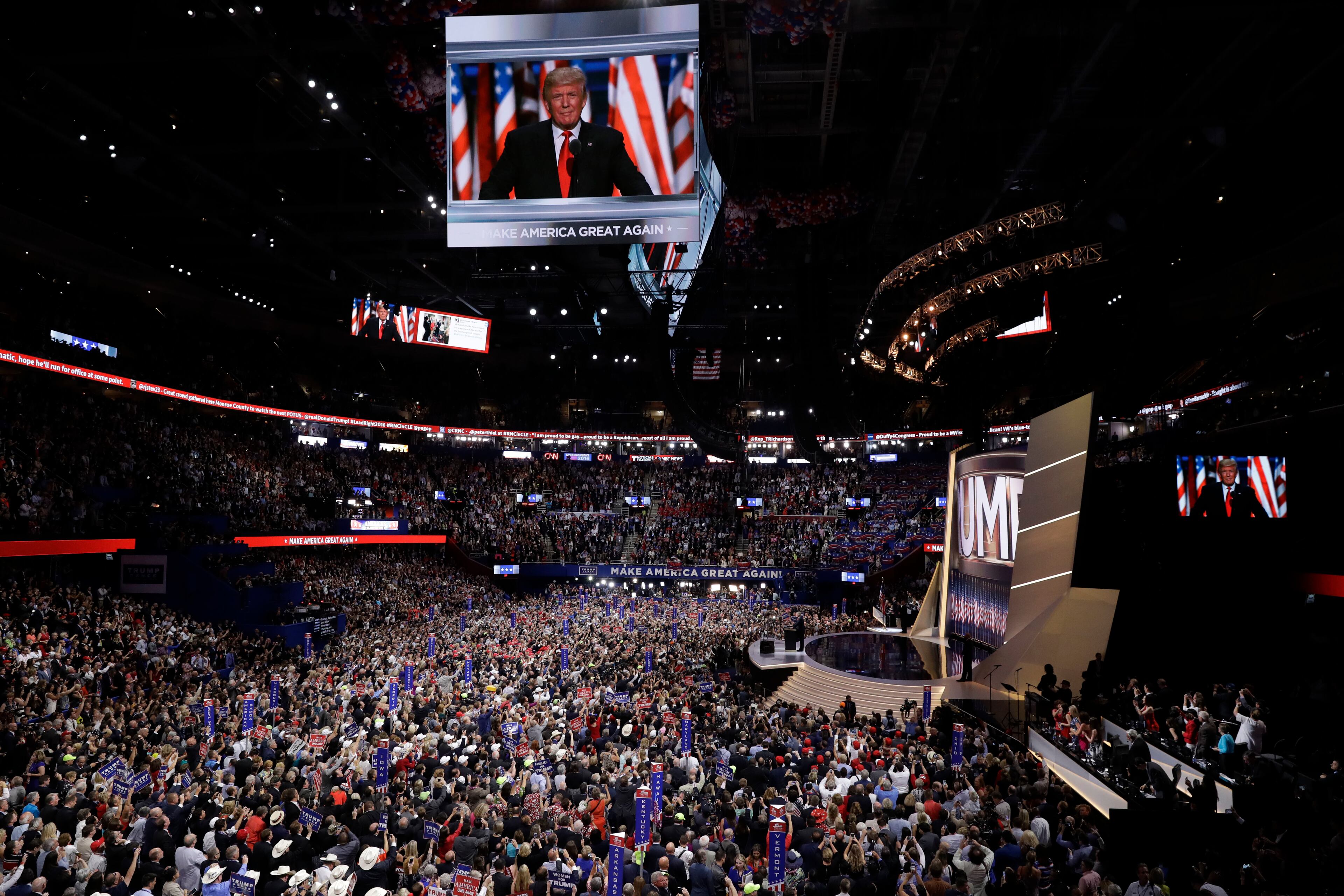 Republican presidential candidate Donald Trump, speaks during the final day of the Republican National Convention in Cleveland, Thursday, July 21, 2016. (AP Photo/Matt Rourke)