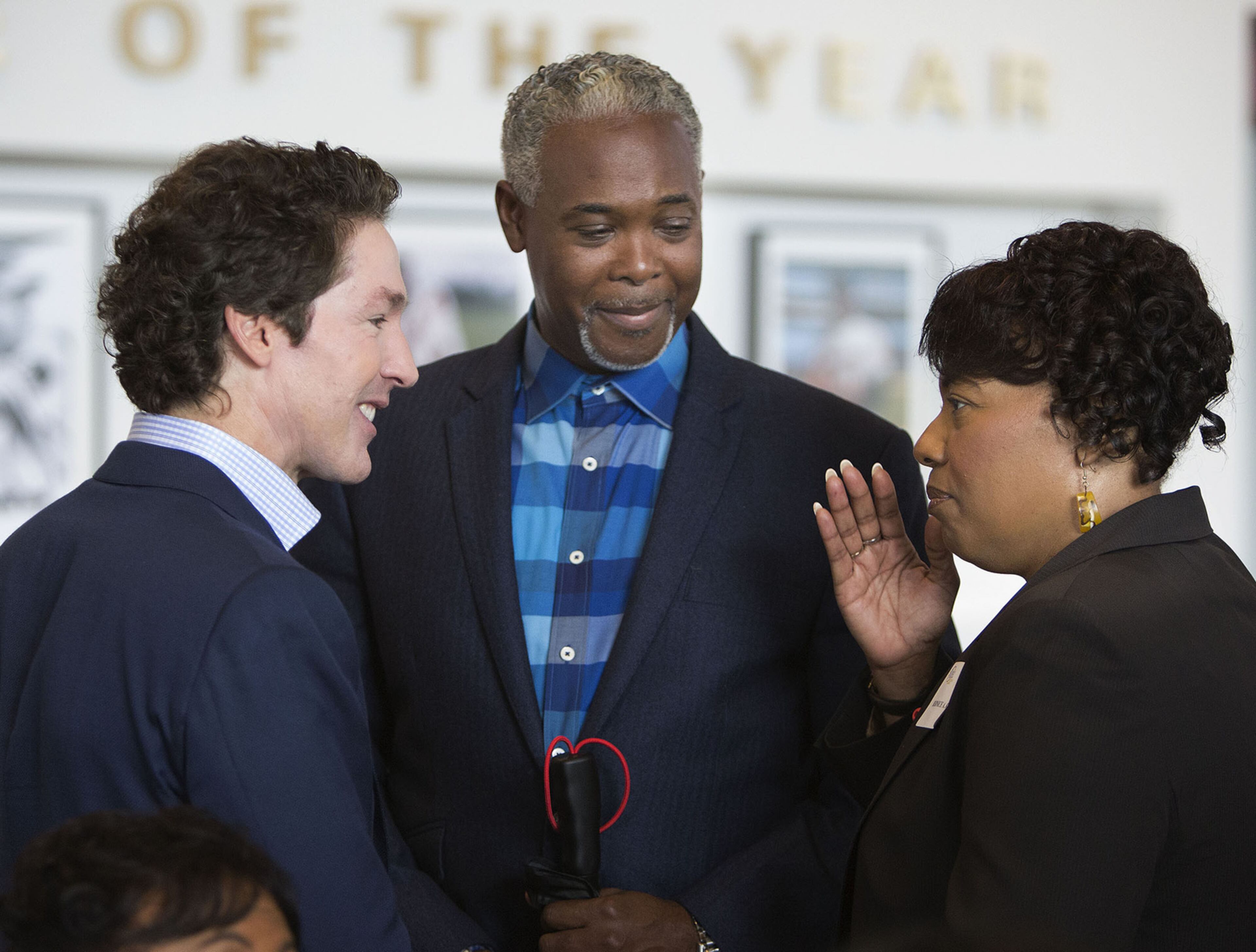(left to right) Joel Osteen, =Dale C. Bronner & Bernice A. King chat during the Senior Pastors Atlanta America's Night of Hope Luncheon at SunTrust Park on Monday June 5th, 2017. (Photo by Phil Skinner)