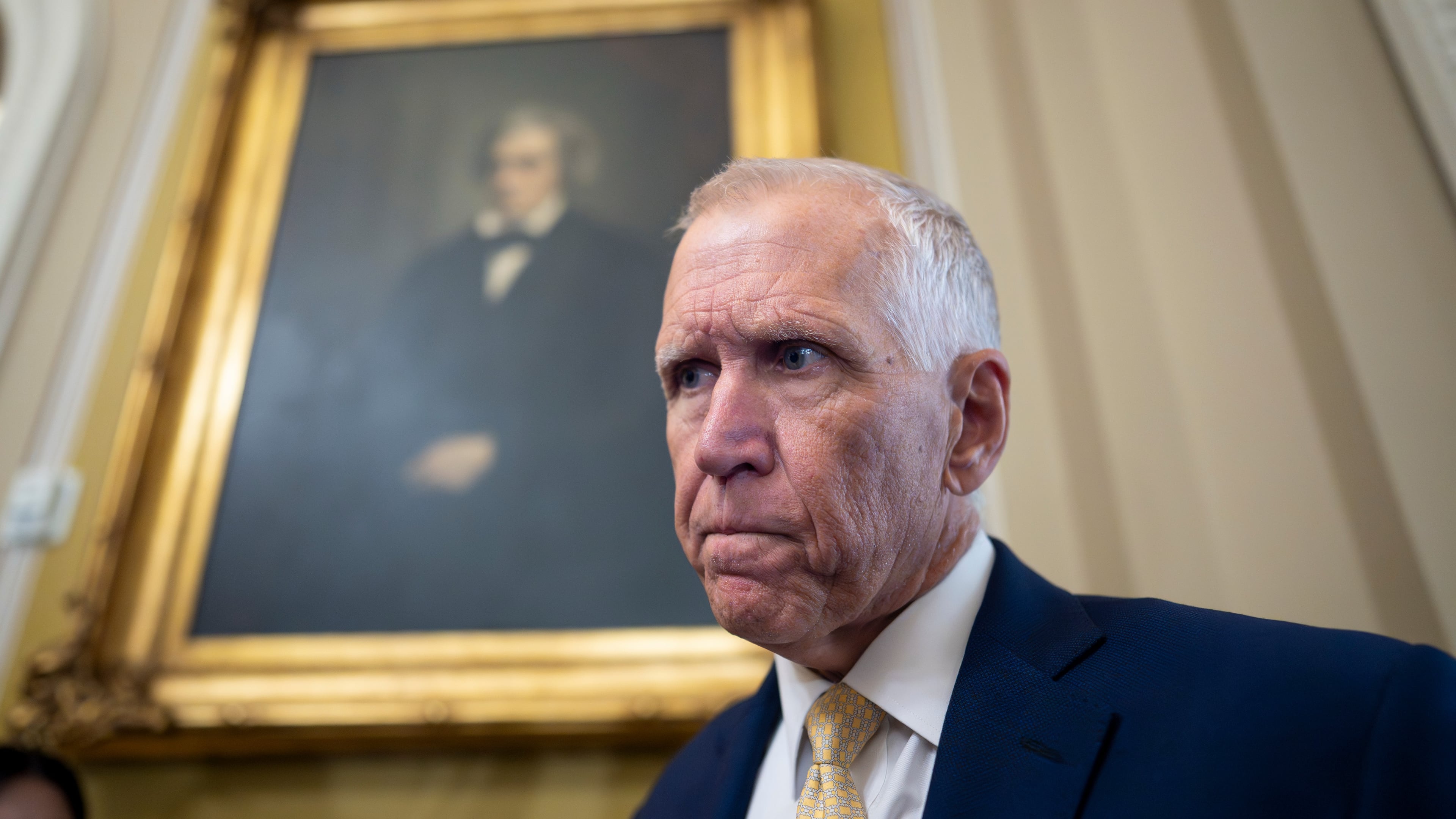 Sen. Thom Tillis, R-N.C., speaks with reporters before a Republican lunch at the Capitol in Washington, Tuesday, June 16, 2026. (AP Photo/J. Scott Applewhite)
