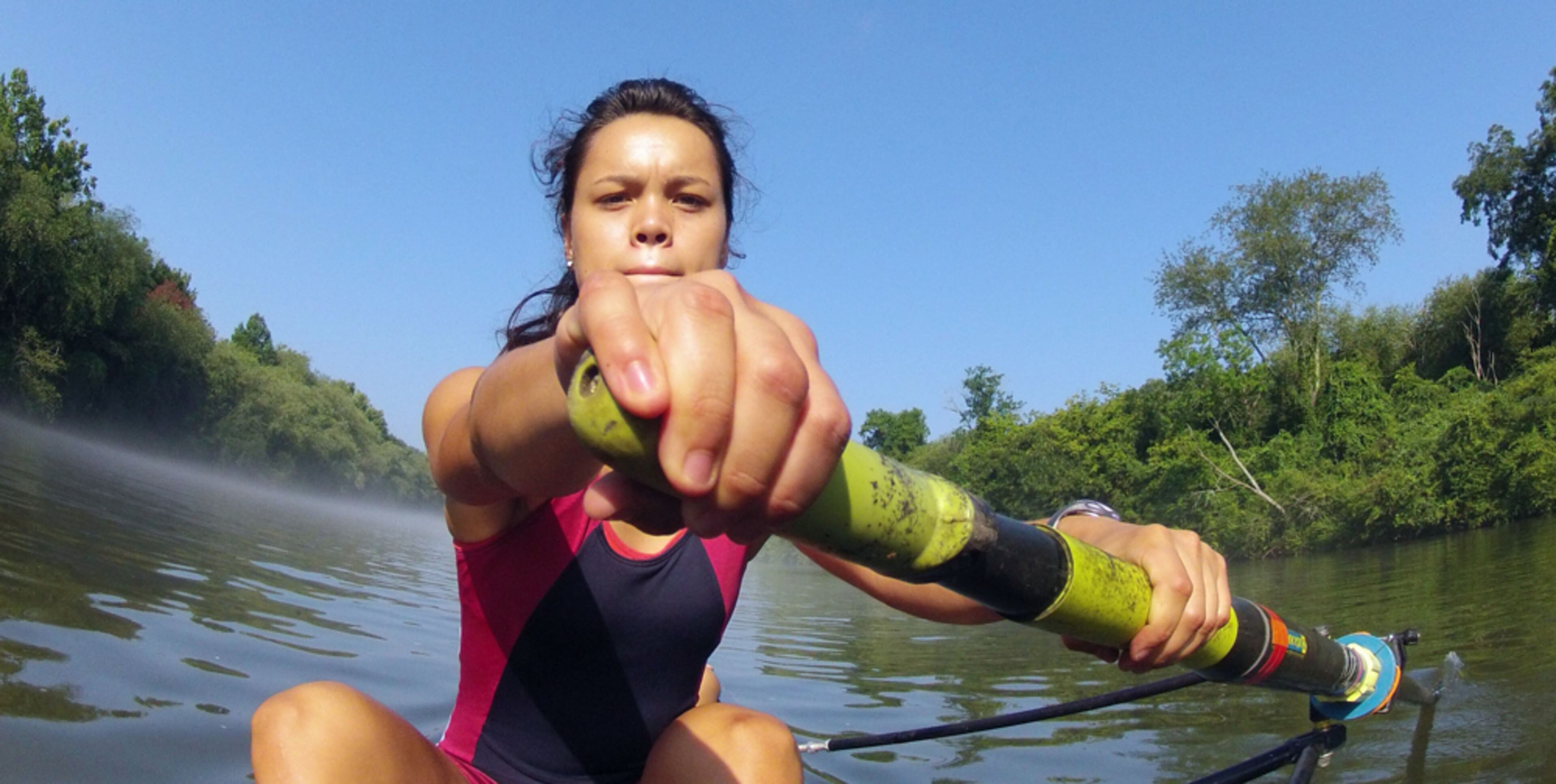 July 10, 2012 - Roswell - Katherine Cheng rows during a practice on the Chattahoochee river in Roswell with her teammates. For this unusual angle, I mounted a remote camera on the back of the girl rowing in front of her. BOB ANDRES / BANDRES@AJC.COM
