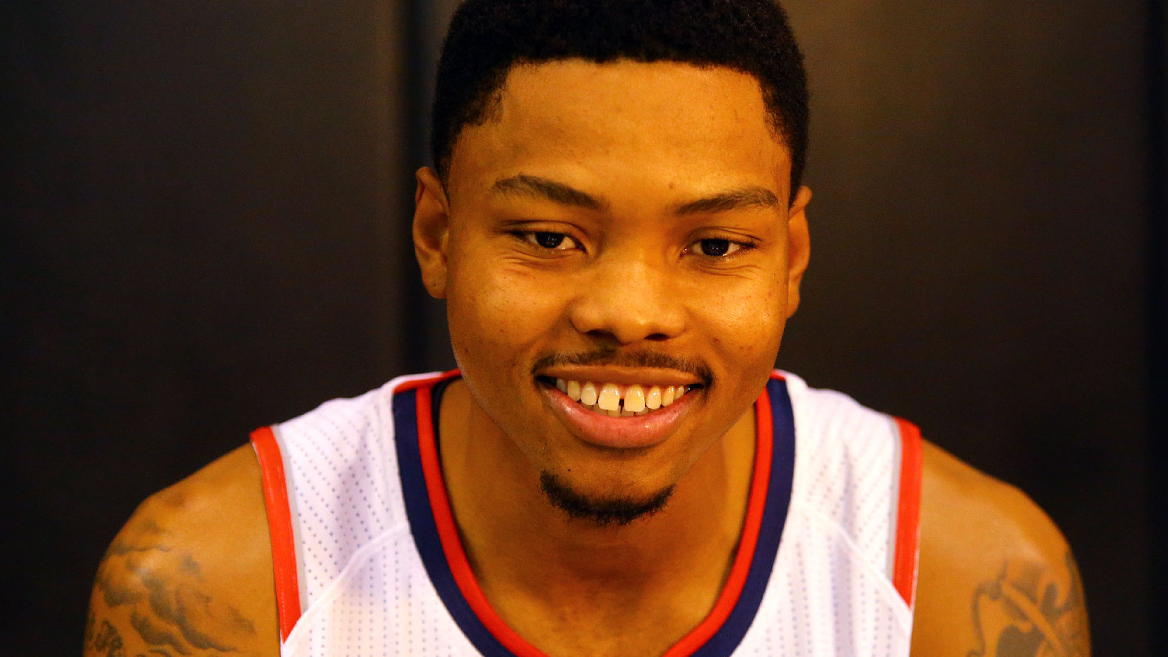 092914 ATLANTA: Hawks guard Kent Bazemore smiles at a question during Media Day at Philips Arena on Monday, Sept. 29, 2014, in Atlanta. CURTIS COMPTON / CCOMPTON@AJC.COM